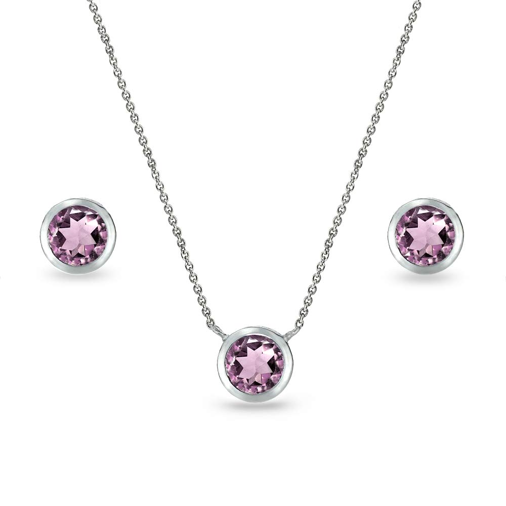 Women's Jewelry Sets - Sterling Silver Necklace & Earrings with Genuine/Synthetic Birthstones, 5mm Round Bezel Pendant & Stud Earrings | Perfect for Gifts, Anniversaries & Everyday Elegance