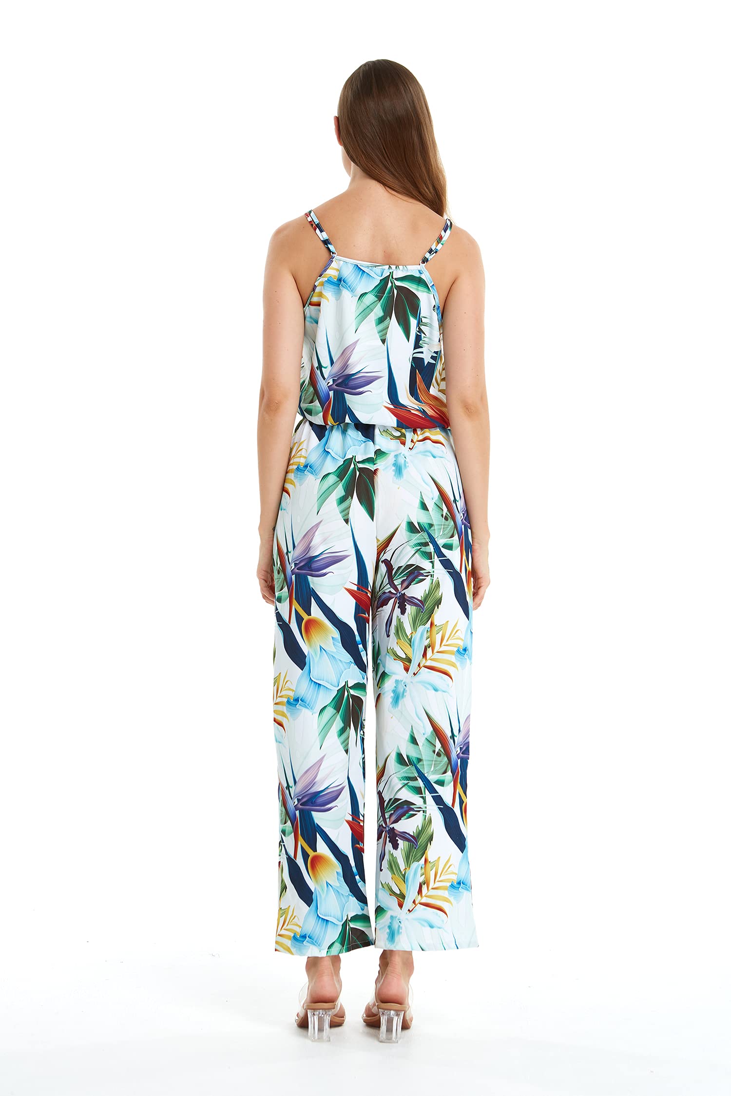 Women's Hawaiian Strap V-Neck Jumpsuit with Pockets - Simply Blue Leaves Print | Beach Vacation Outfit, Summer Party Dress, Casual Boho Romper