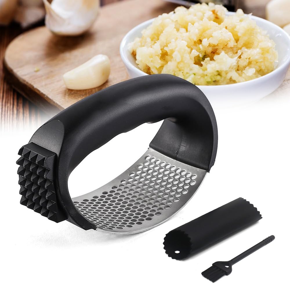 2025 Upgrade Stainless Steel Garlic Press - Manual Mincer & Crusher with Peeler for Cooking