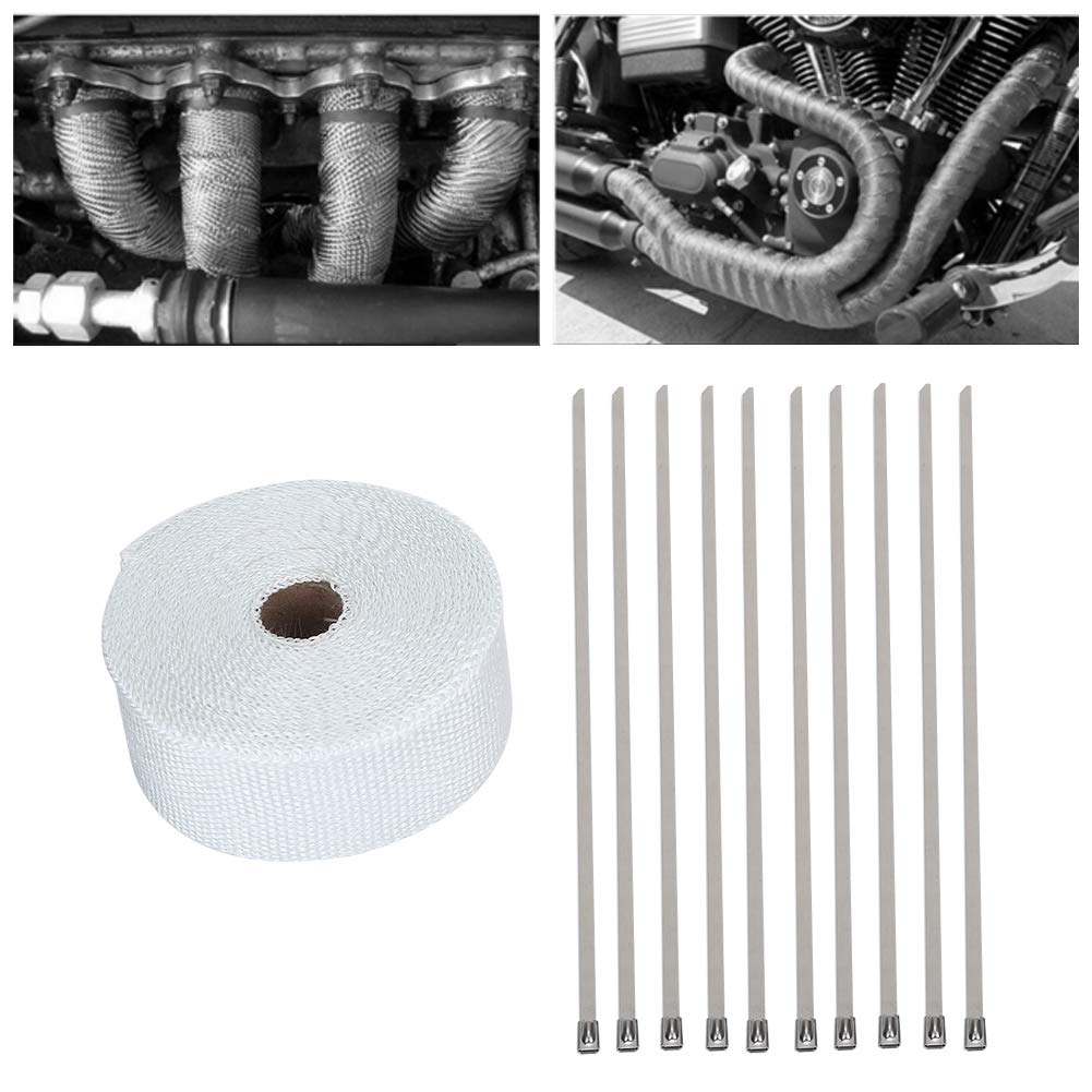 Qiilu 33 Ft White Exhaust Wrap - Motorcycle Fiberglass Heat Shield Tape, 2'' Heat Shield Sleeve with Stainless Steel Ties - Perfect for Motorcycle, ATV, and Car Exhaust Protection