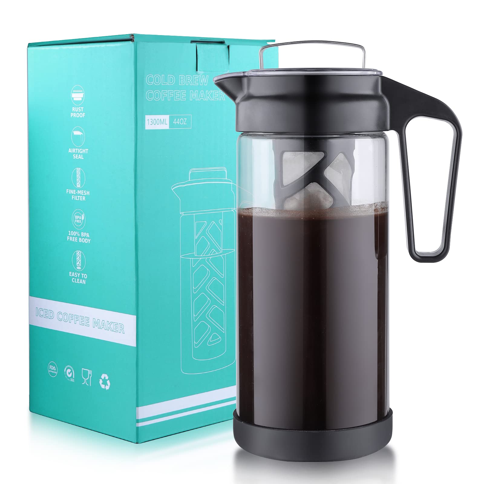 Premium Cold Brew Coffee Maker - 44oz Glass Iced Coffee Pitcher with Leak-Proof Design & Reusable Mesh Filter | Easy to Clean | Perfect for Home, Office & Outdoor Use