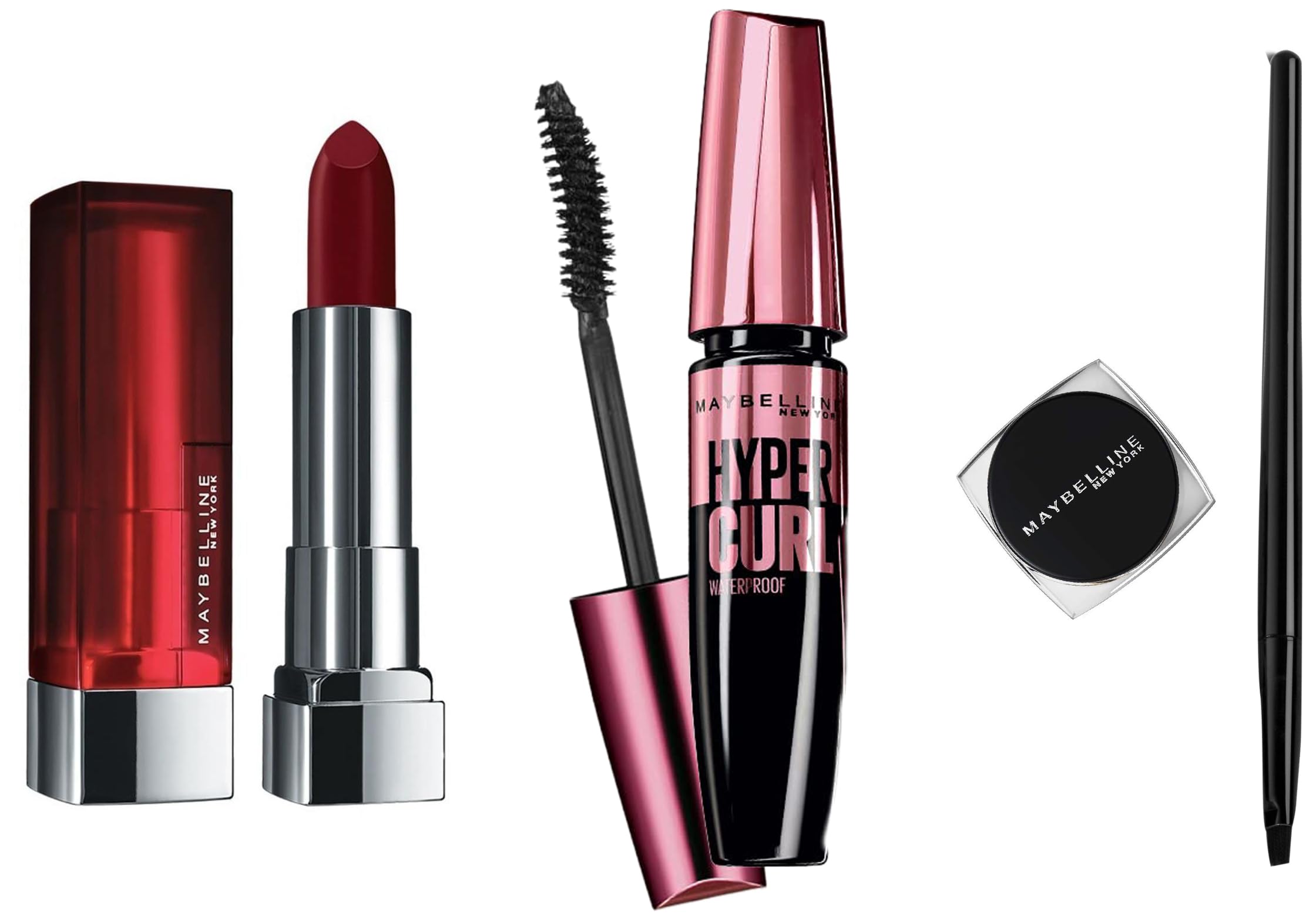 Maybelline New York Hypercurl Waterproof Mascara in Black (9.2ml) + Lasting Drama Gel Eyeliner in Black + Color Sensational Loaded Bold Lipstick in Midnight Date (3.9g) - Voluminous Lashes, Defined Eyes & Bold Lips Makeup Kit for Night Out, Party & Special Occasions