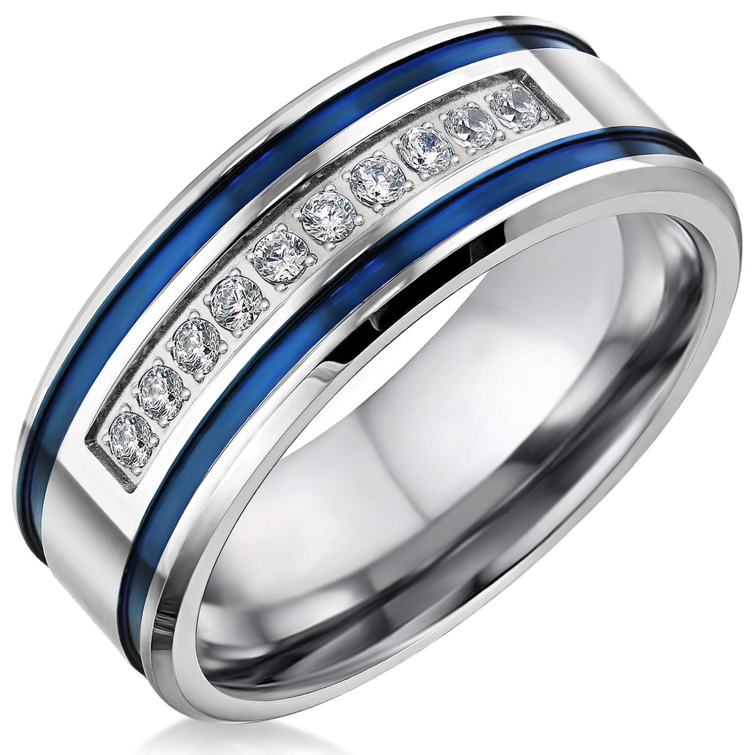 Stainless Steel Men's Wedding Band with CZ & Blue Stripes - 8mm Comfort Fit Engagement Ring for Him - Durable & Stylish Wedding Jewelry for Everyday Wear & Special Occasions