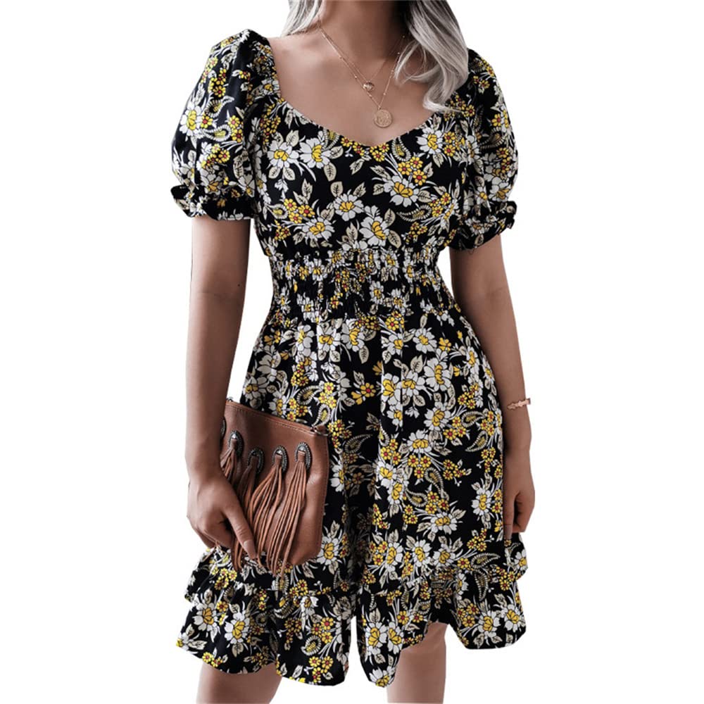 Women's Floral Print V-Neck Midi Dress with Bell Sleeves & Ruffle Hem - Perfect for Summer Outfits, Beach Vacations, and Casual Date Nights