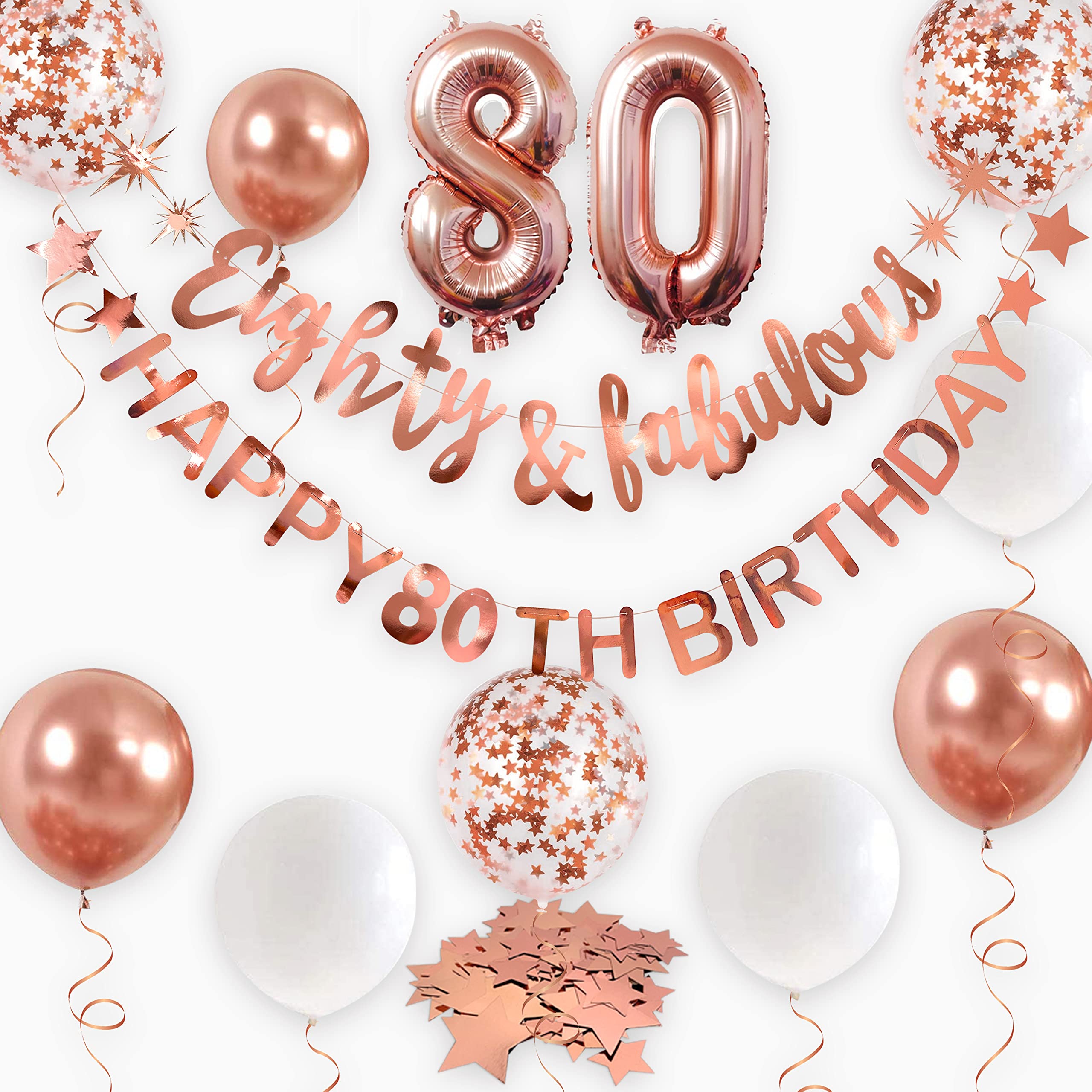 Elegant Rose Gold 80th Birthday Banner Garland & Foil Balloons Set - '80 & Fabulous' Theme Party Decor for Women - Perfect for Milestone Birthday Backdrops, Wall Hangings, and Celebration Photo Booths