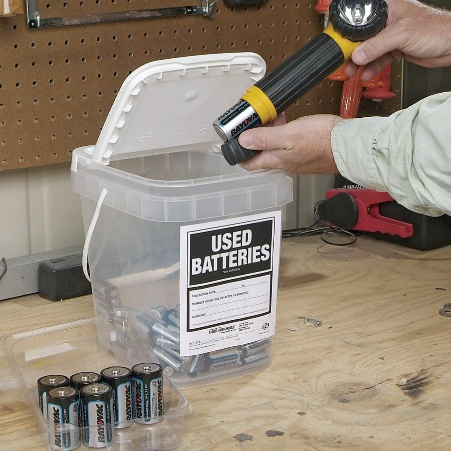 PIG Battery Disposal Container for AA AAA C D 9V Batteries - 2 Gallon Capacity Used Dry-Cell Battery Storage Bin - Safe Battery Recycling Box for Home Office School (PMB30595) - Perfect for Household Hazardous Waste Management