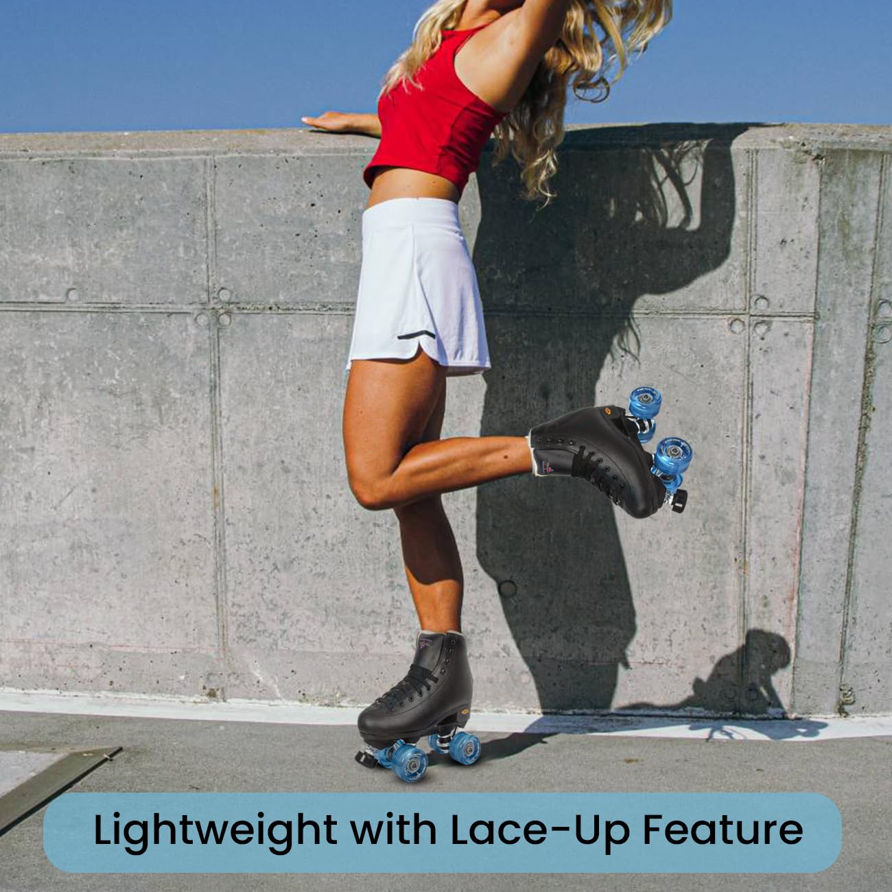 Sure Grip Fashion Fame Unisex Outdoor Roller Skates - Durable Leatherette Material, Adjustable Rubber Toe Stop, 78A Soft Outdoor Wheels & Nylon Rock Plates | Black & Blue Design for Urban Skating & Fitness