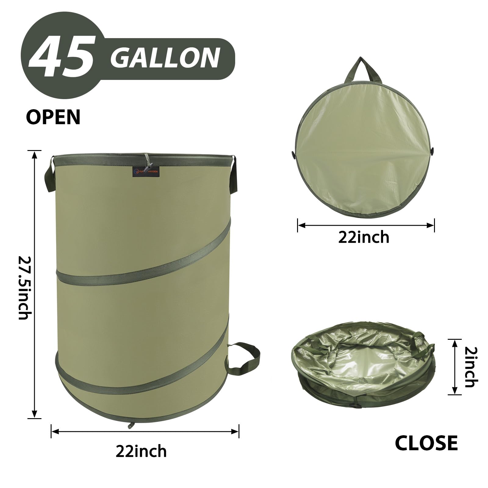 YUDI & GARDEN 45 Gallon Collapsible Garden Bag - Reusable Yard Waste Bag for Leaves, Trash, Camping | Portable Storage for Patio, Lawn, Leaf Cleanup & Outdoor Activities