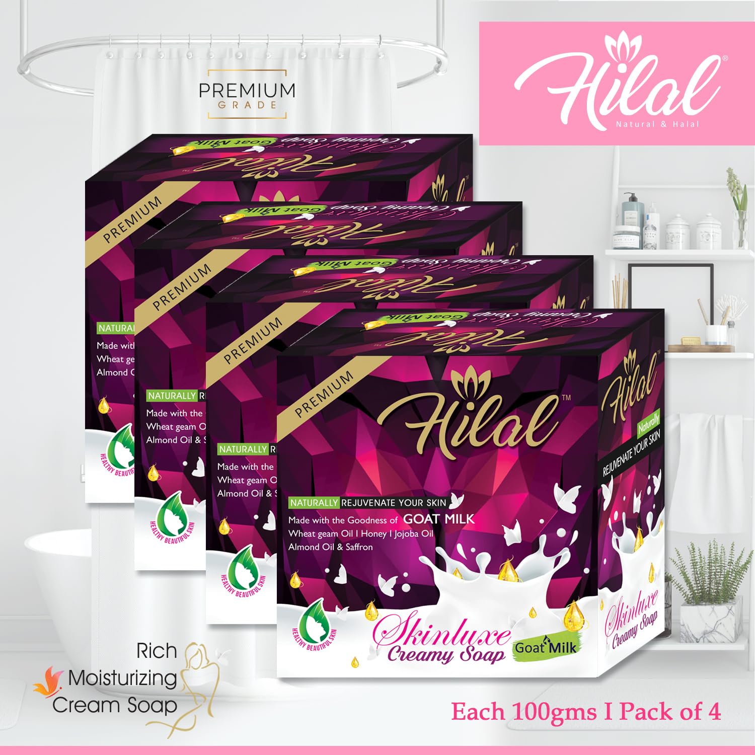 **Hilal Goat Milk Creamy Soap - 100g (Pack of 4) - Enriched with Goat Milk & Wheat Germ Oil for Nourished, Glowing Skin - Premium Grade Skincare - Ideal for Dry, Sensitive Skin & Daily Hydration**