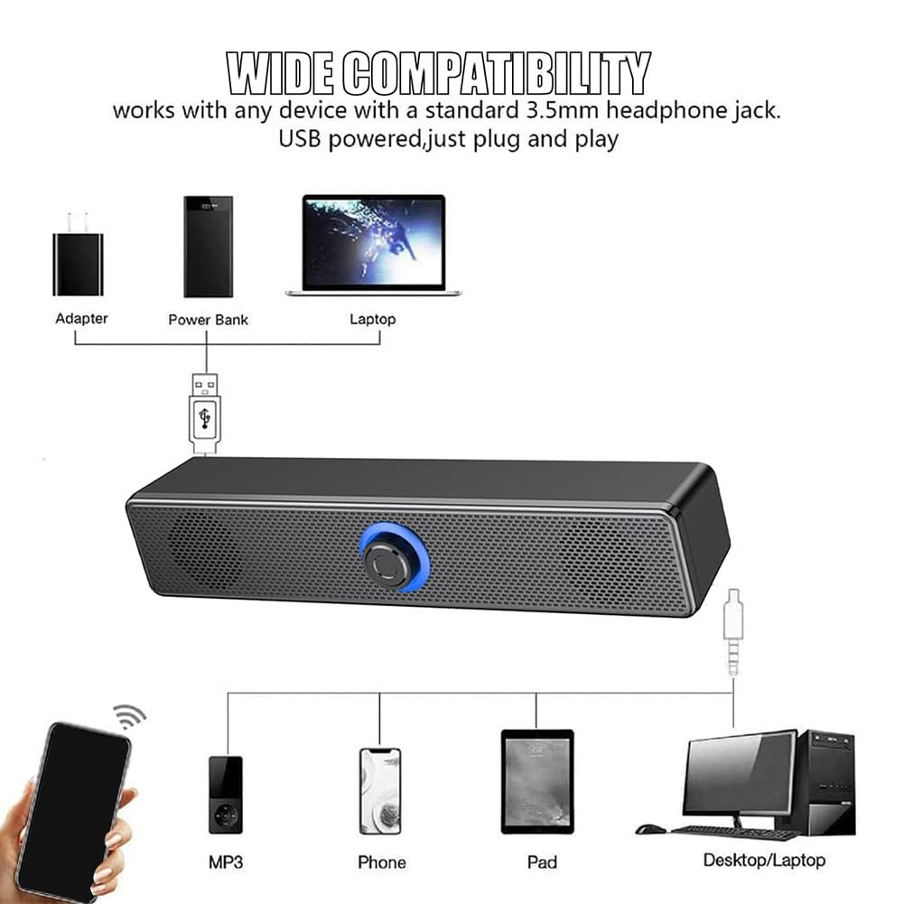TYREE Bluetooth Computer Speakers with Knob Volume Control & 3.5mm Aux Input - Portable Soundbar Speaker for PC Laptop, Desktop, Gaming Setup - Easy Plug & Play Installation for Home Office, Dorm Room, Streaming Studio