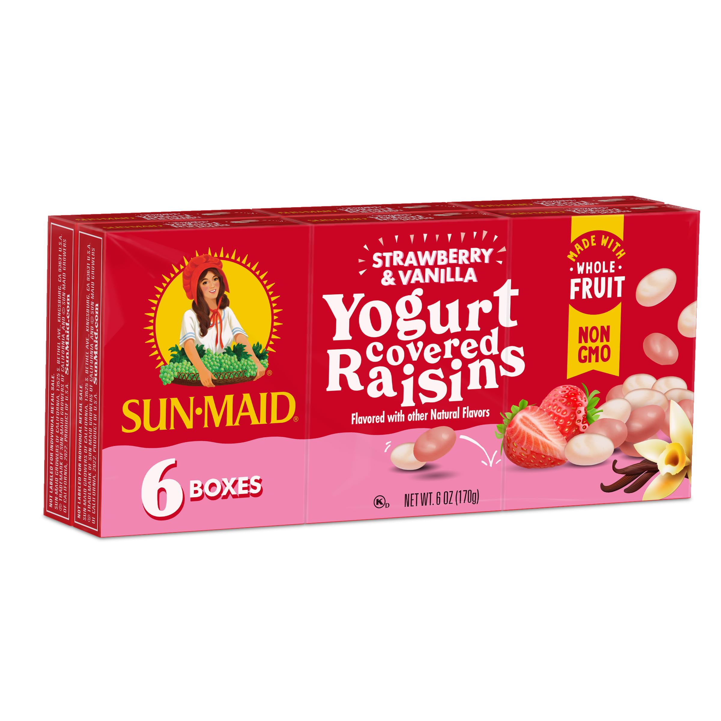 Sun-Maid Strawberry & Vanilla Yogurt Covered Raisins - 6 Pack (1 oz Each) | Healthy Dried Fruit Snacks for Kids & Adults | Perfect for School Lunches, Office Snacks & On-the-Go Energy Boost