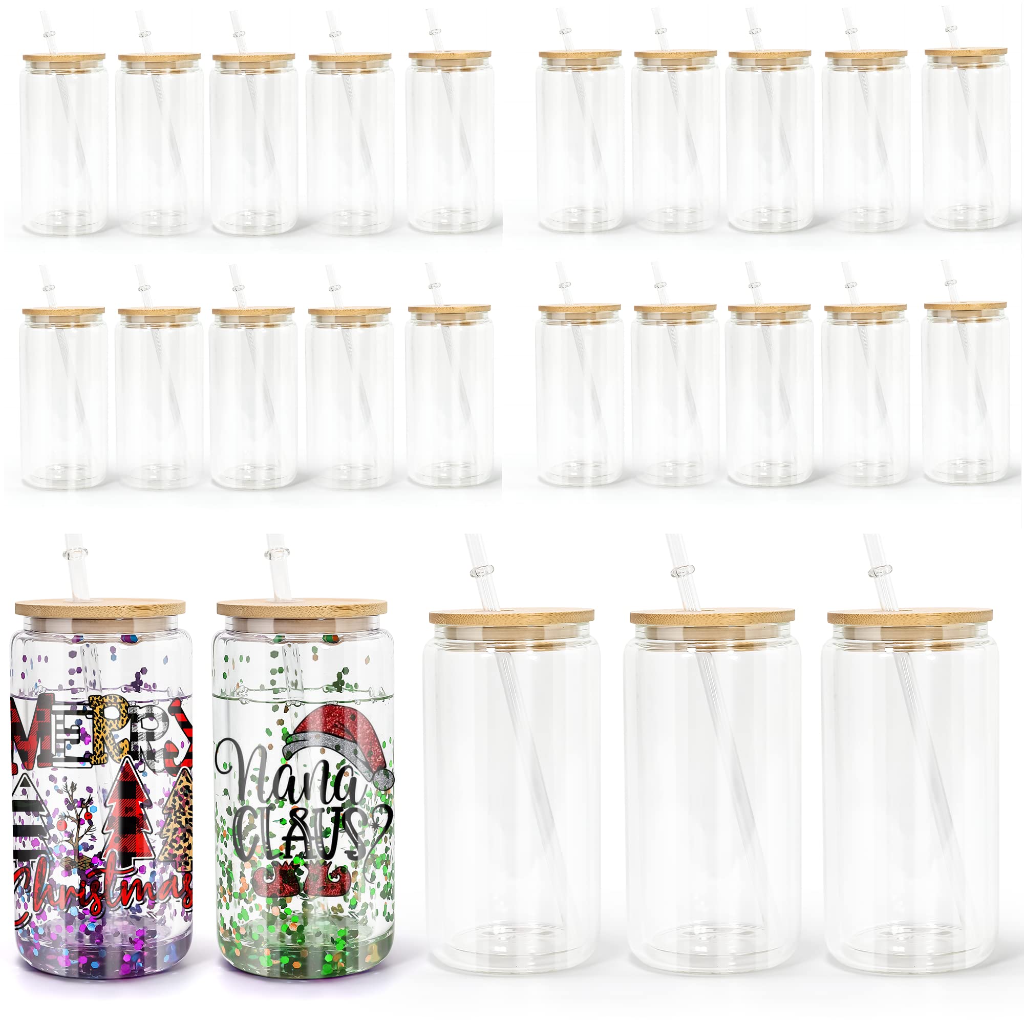 AGH 16oz Sublimation Snow Globe Glass Tumbler Blanks - 25 Pack Double Wall Clear Glass Cups with Bamboo Lids & Glass Straws - DIY Sublimation Beer Can Glasses for Custom Designs, Parties & Gifts - Pre-Drilled Holes for Easy Snowglobe Crafting