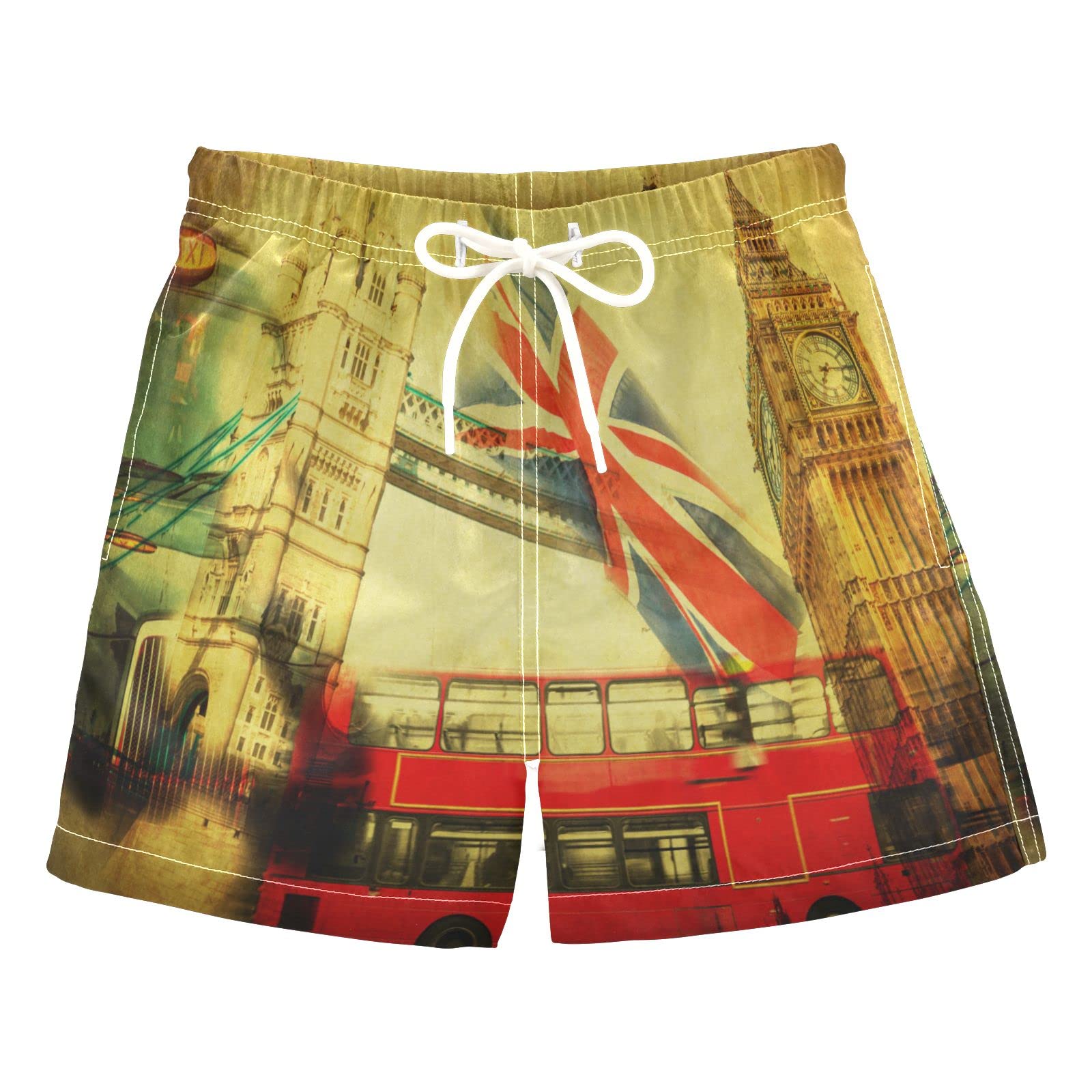 Vintage London UK Swim Trunks for Boys - Iconic Symbols Textured Board Shorts, Beach Surf Swim Shorts - Perfect for Hawaii Vacations, Pool Parties & Summer Adventures