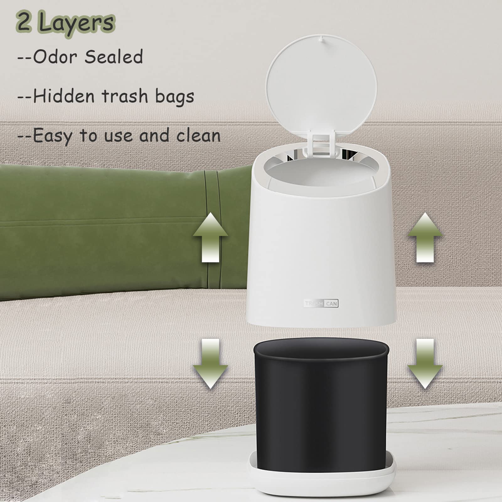 Mini Desktop Trash Can with 90 Trash Bags - Press-Type Lid Countertop Waste Bin, Small Plastic Garbage Can for Bathroom, Bedroom, Living Room & Dressing Table (White) - Perfect for Home, Office & Vanity Organization