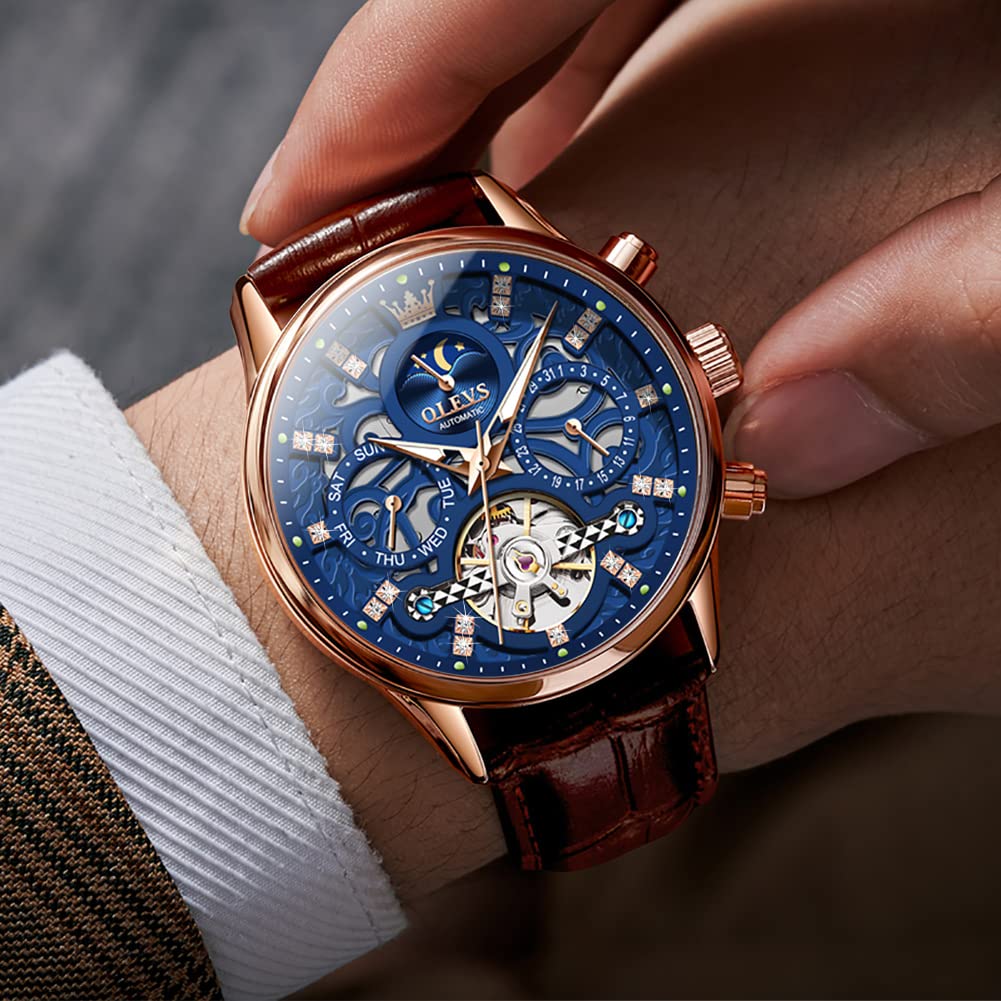 OLEVS Men's Automatic Skeleton Watch - Mechanical Dress & Casual Watch with Moon Phase, Luminous Hands, Waterproof - Brown/Black Leather Strap - Perfect for Business, Dating & Formal Occasions