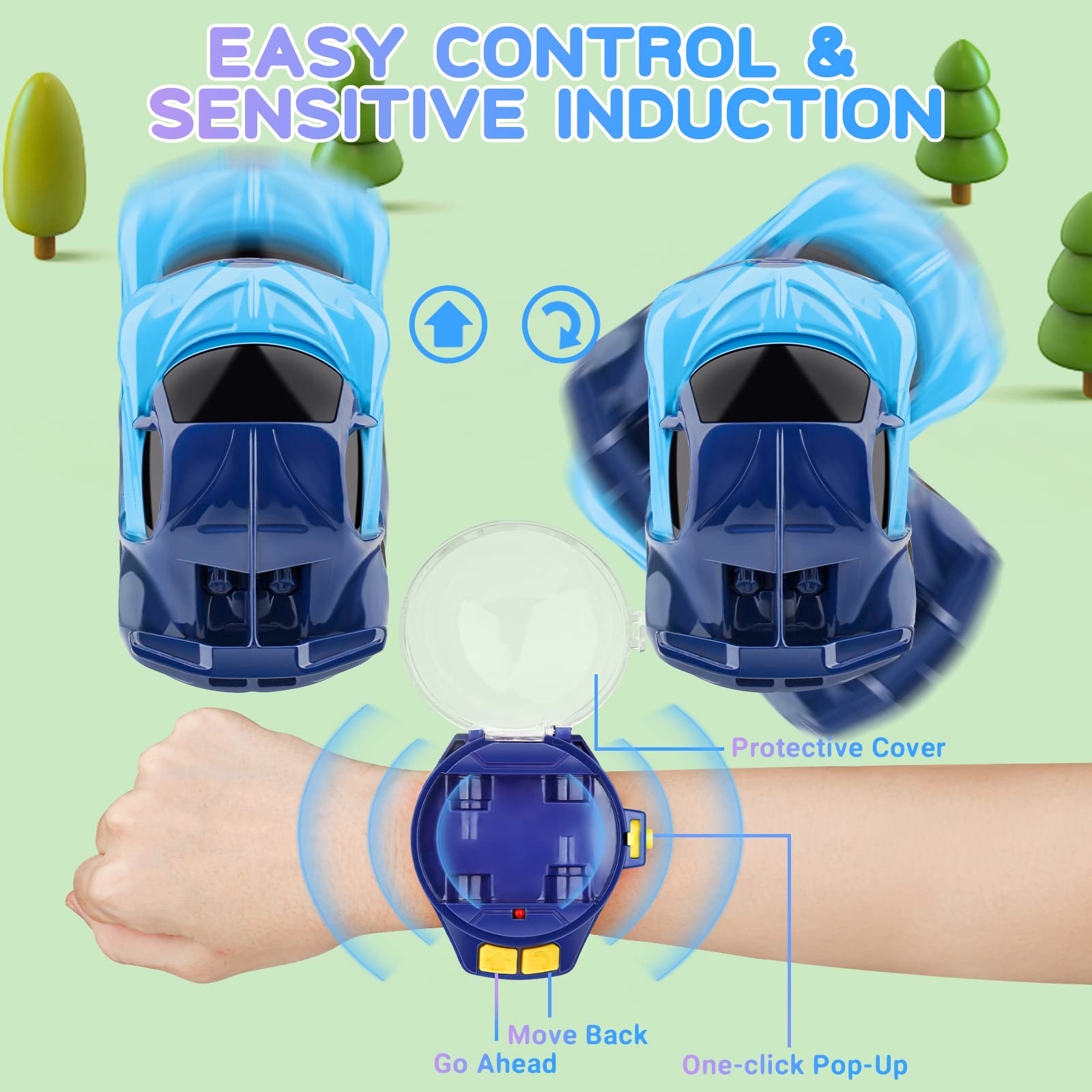 Logoplay 2023 Mini Remote Control Car Watch Toy - 2.4Ghz Cartoon RC Racing Car with USB Charging, Hand Controlled TikTok Watch Car, Fun Birthday Gift for Kids & Adults (Blue) - Perfect for Indoor Racing, Party Favors & Office Stress Relief