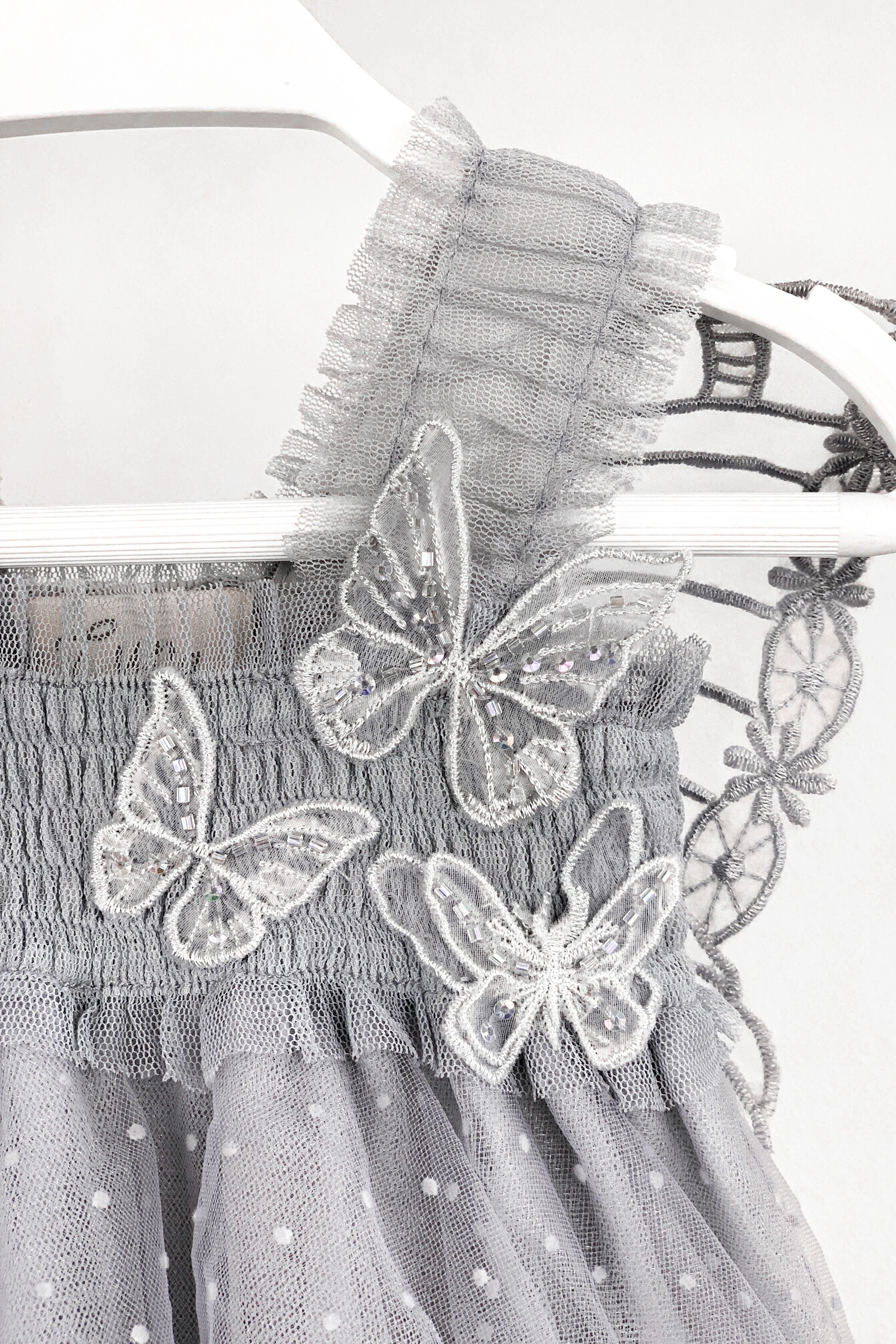 Stormi Grey Plumeti Dot Fairy Wing Dress for Girls – Elegant Party, Photo Shoot & Special Occasion Outfit
