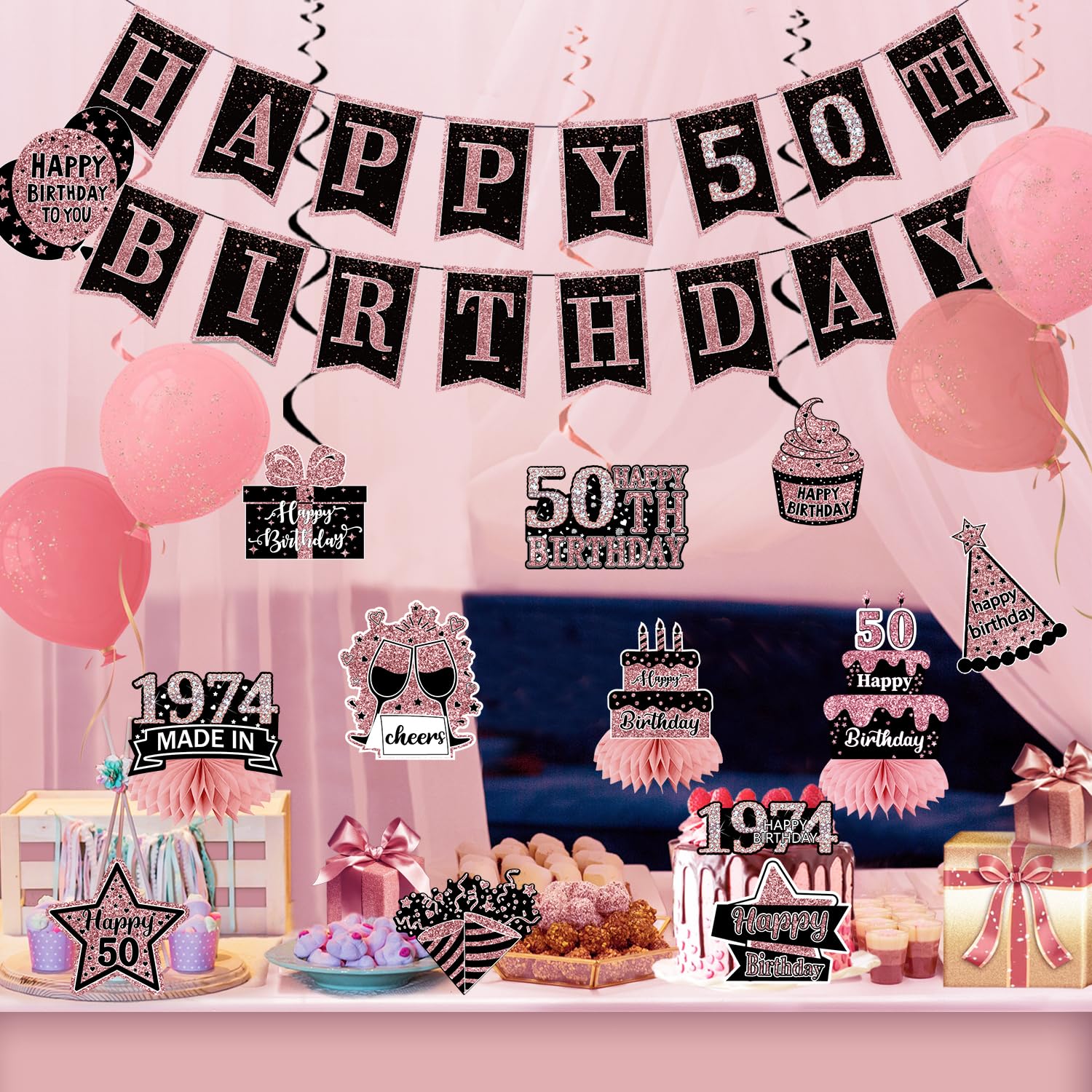 50th Birthday Party Decorations for Women - Black & Rose Gold Theme Includes Happy Birthday Banner, Hanging Swirls & Honeycomb Centerpieces - Perfect for Milestone Birthday Celebrations, Retirement Parties & Special Occasions