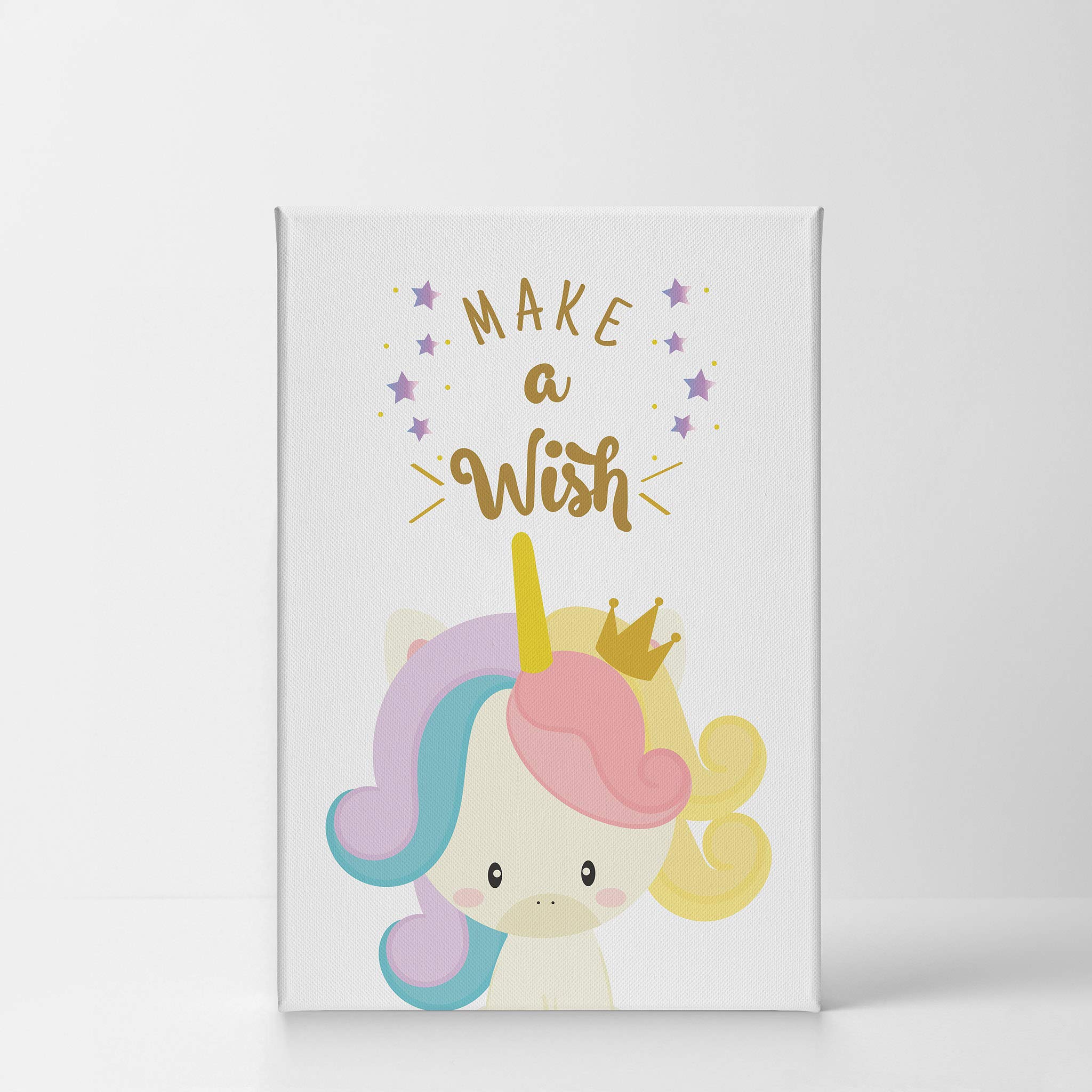 Smile Art Design Cute Unicorn Wall Art Canvas Print - 12x8 Inches, Ready to Hang, Made in USA - Inspirational 'Make a Wish' Quote for Kids Room, Nursery & Baby Room Decor - Perfect Gift for Unicorn Lovers & Birthday Presents