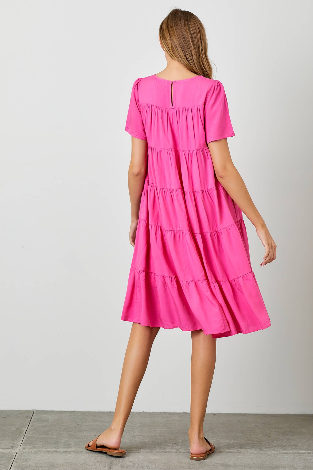 Elegant Fuchsia Tiered Midi Dress with Flowy Sleeves - Women's Casual Summer Dress for Beach, Wedding & Party Wear