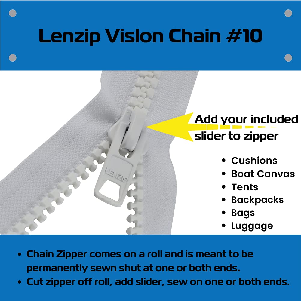 EZ-Xtend #10 Lenzip Chain Vislon Zipper by The Yard with Locking Sliders - Heavy Duty Replacement Zipper for Boat Cushions, Duffle Bags, Backpacks & Sewing Projects (5 Yards & 4 Double Pulls) - Perfect for Marine Upholstery, Travel Gear & DIY Crafts
