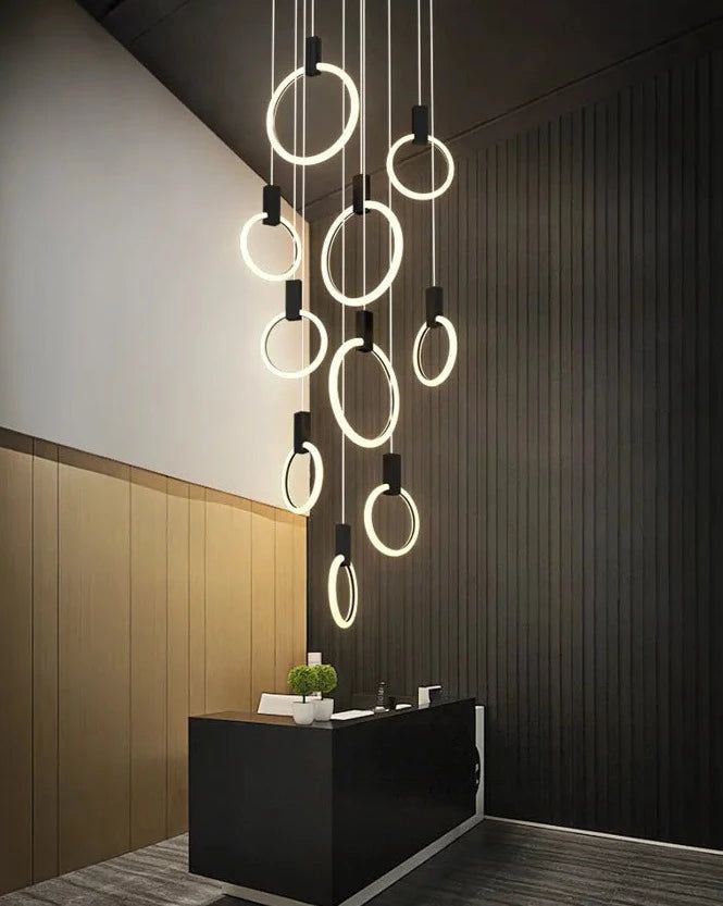 Stylish Black Aluminum Pendant Light with Long Hanging Rings - Modern Ceiling Lamp for Dining Room, Kitchen Island, or Living Room Decor