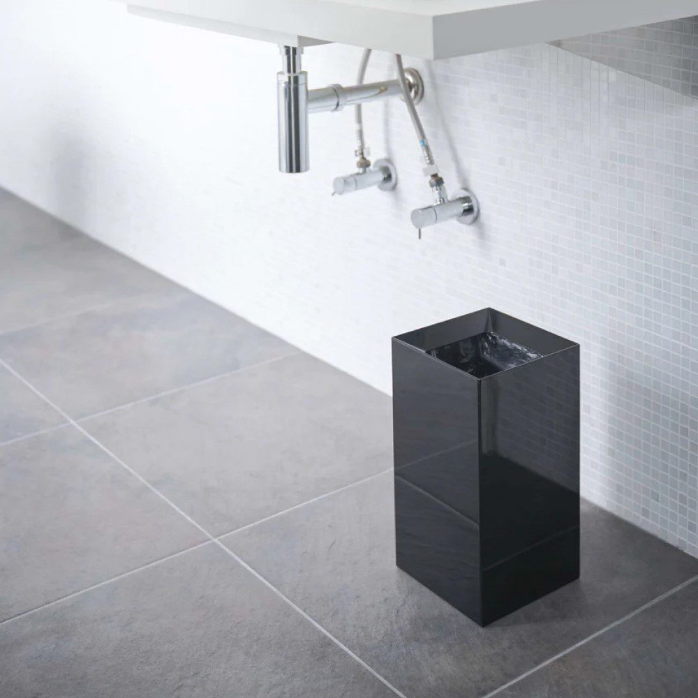 YAMAZAKI Tower Square Trash Can - 33cm Modern Kitchen Waste Bin with Lid, Black - Perfect for Home, Office & Bathroom Organization
