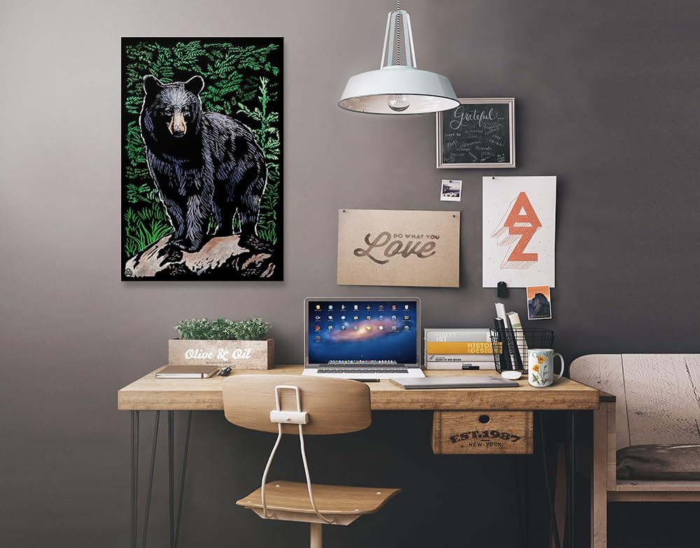 Lantern Press Black Bear Scratchboard Art - 16x24 Wrapped Canvas Wall Decor for Living Room, Bedroom & Office | Nature Wildlife Home Decoration