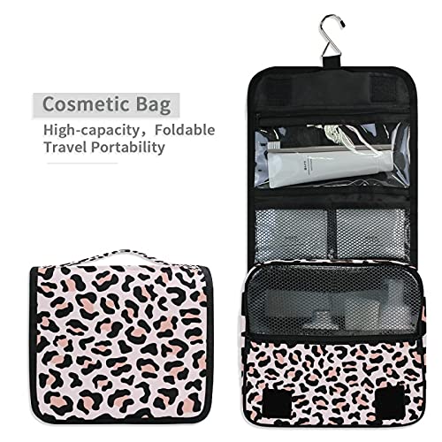Rose Pink Leopard Print Hanging Toiletry Bag - Waterproof Travel Makeup Organizer with Clear Pockets for Cosmetics & Toiletries | Perfect for Camping, Gym, Business Trips & Vacation Essentials