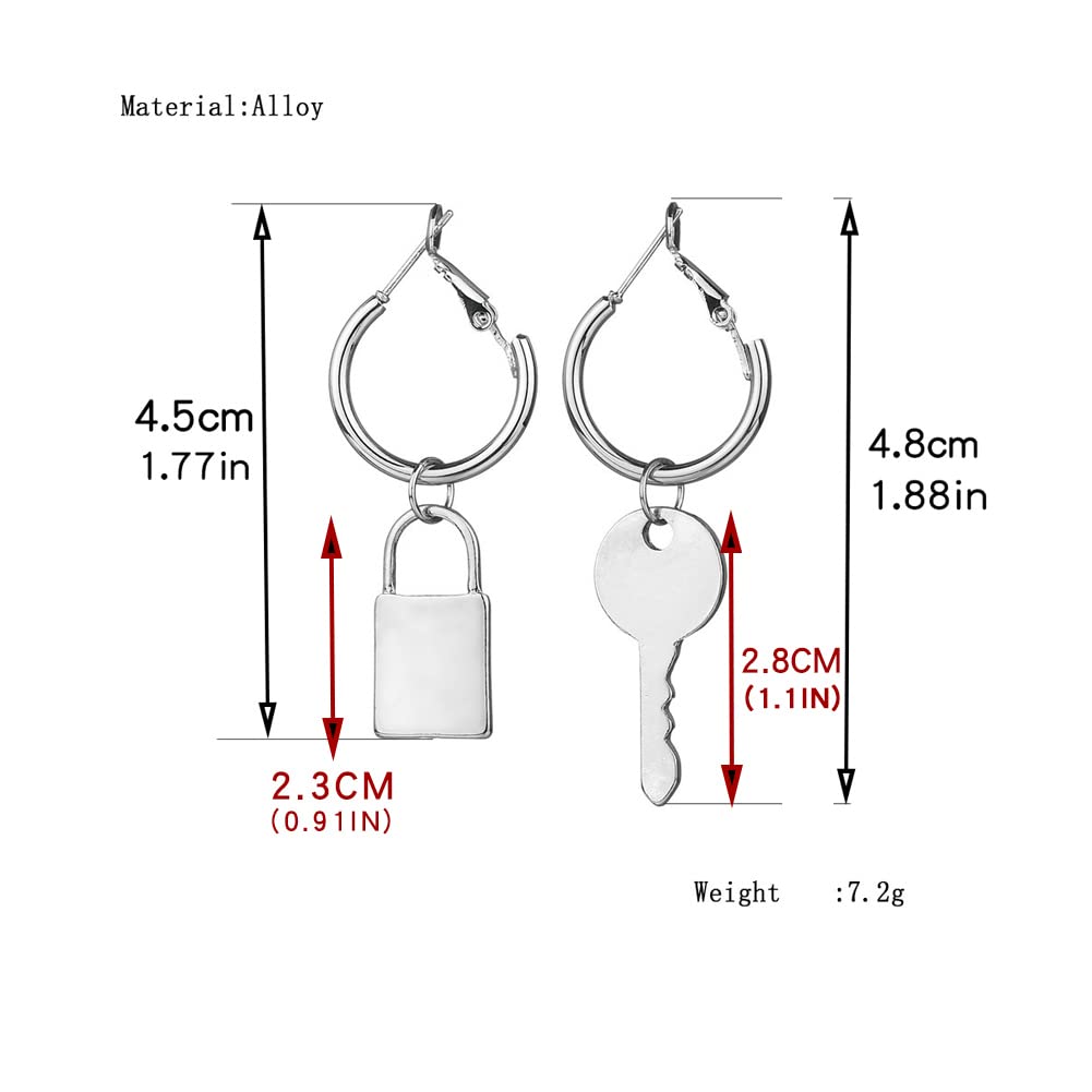 Lock and Key Earrings for Women - Asymmetric Dangle Hoop Earrings with Padlock & Key Design | Punk Edgy Aesthetic Jewelry | Perfect for Gothic, Boho & Everyday Fashion