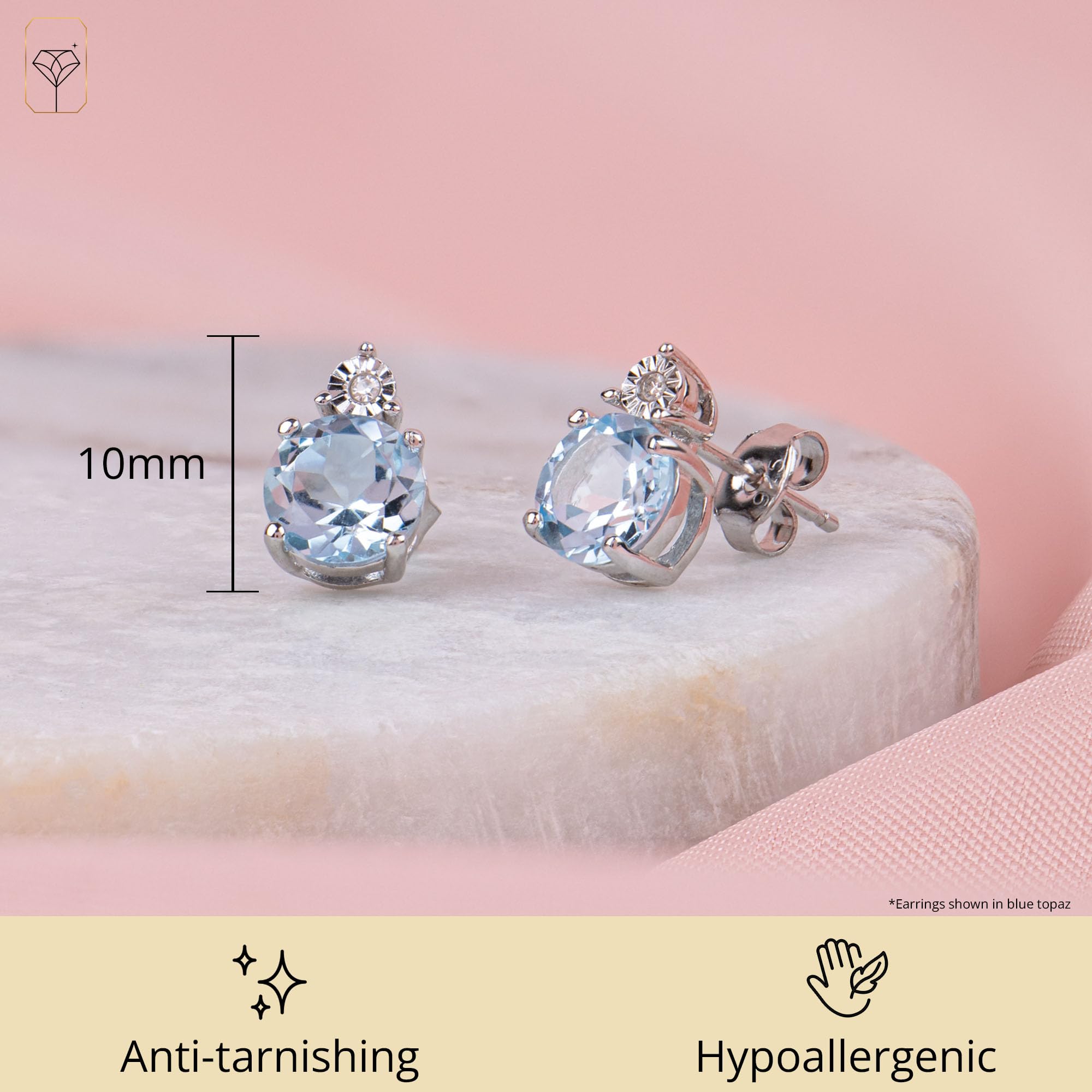 MAX + STONE 7mm Round Sterling Silver 925 Birthstone Stud Earrings for Women - Diamond Accent Halo Design with Push Backs | Perfect Gift for Birthday, Anniversary & Special Occasions