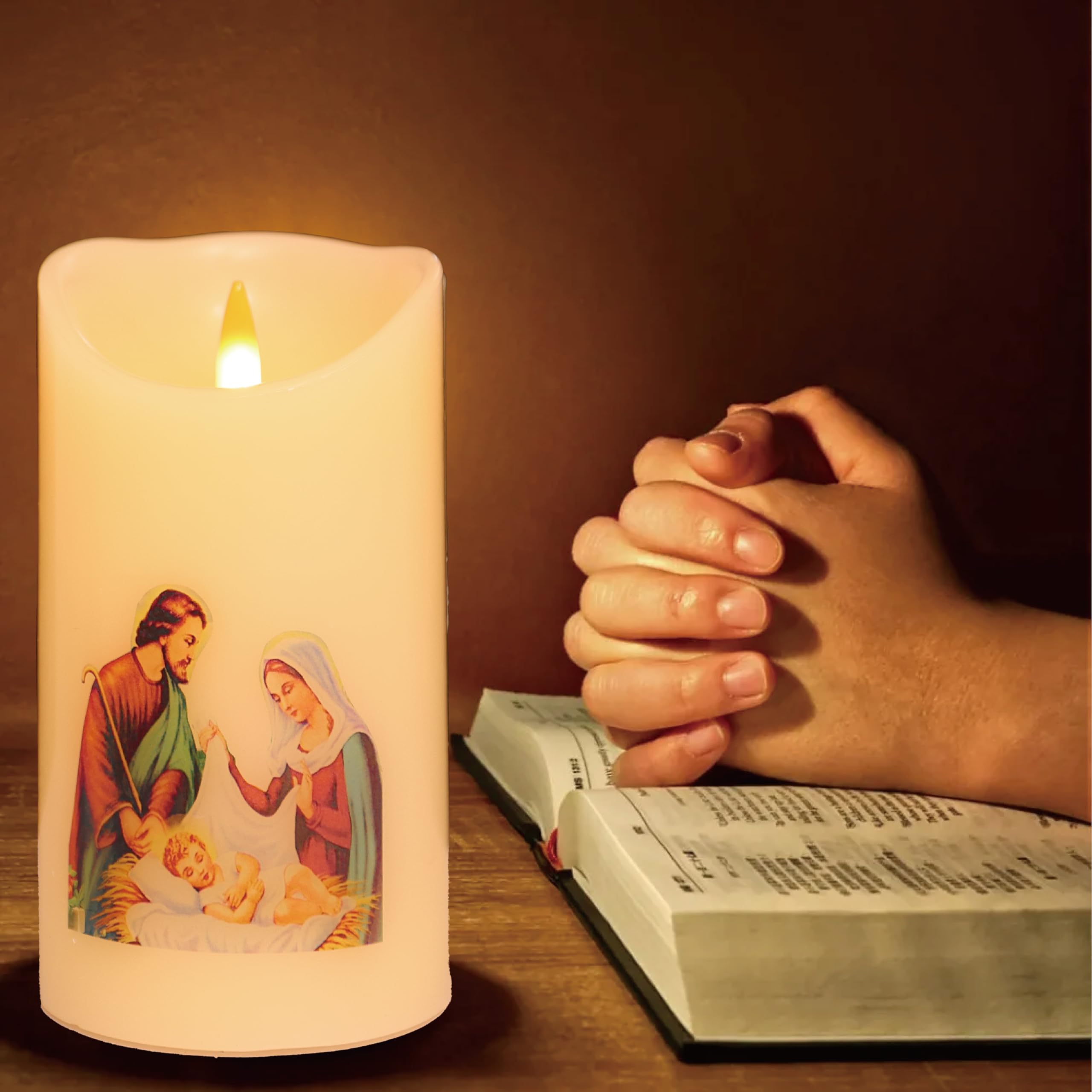 LED Flameless Prayer Candle with Remote Timer - Battery Operated Religious Candles, Real Wax for Home Altar, Church & Devotional Use - 6