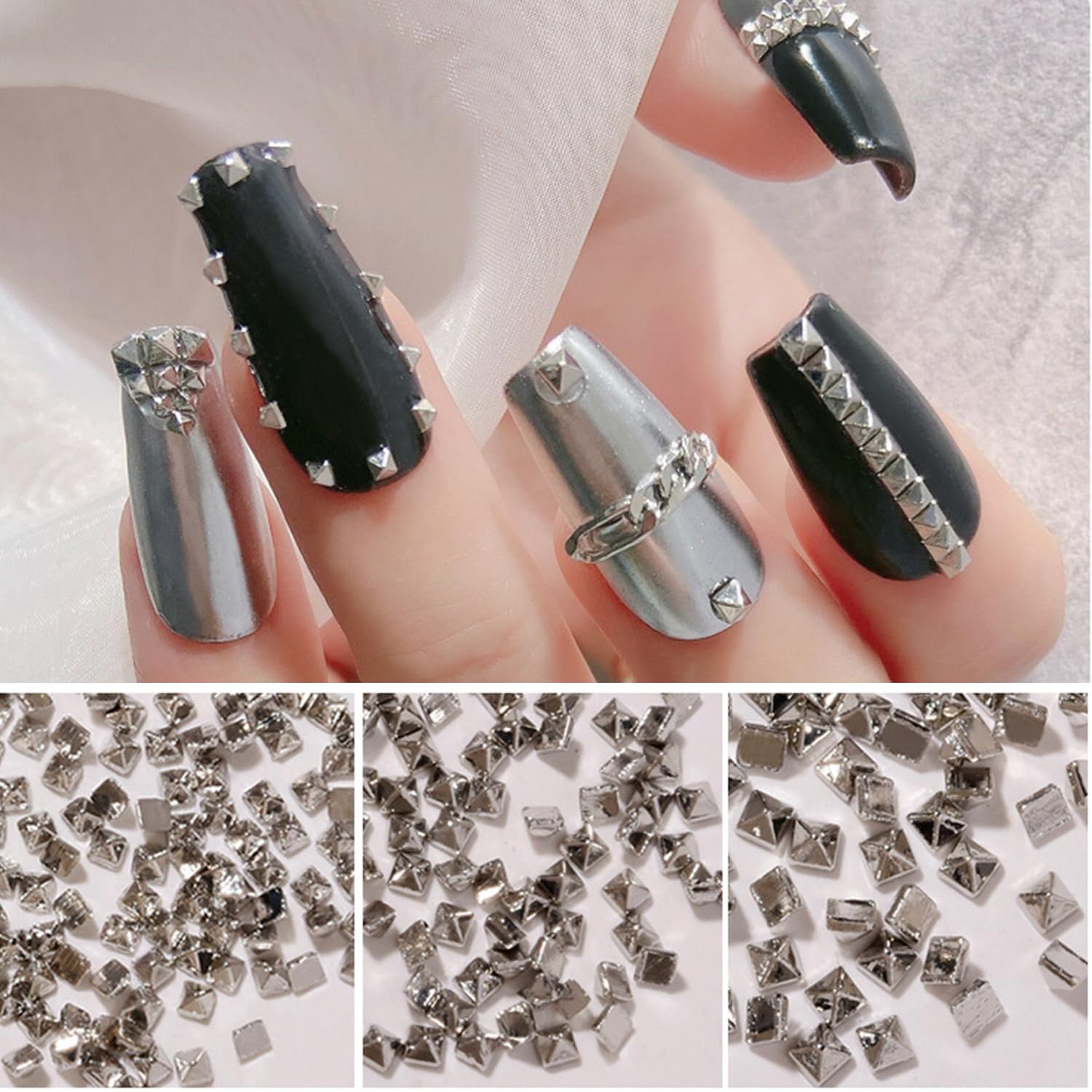 Silver Square Spire Nail Charms - 600pcs Alloy Rivets for Acrylic Nails - Punk Style Nail Art for Women (3 Sizes) - Perfect for DIY & Salon Use