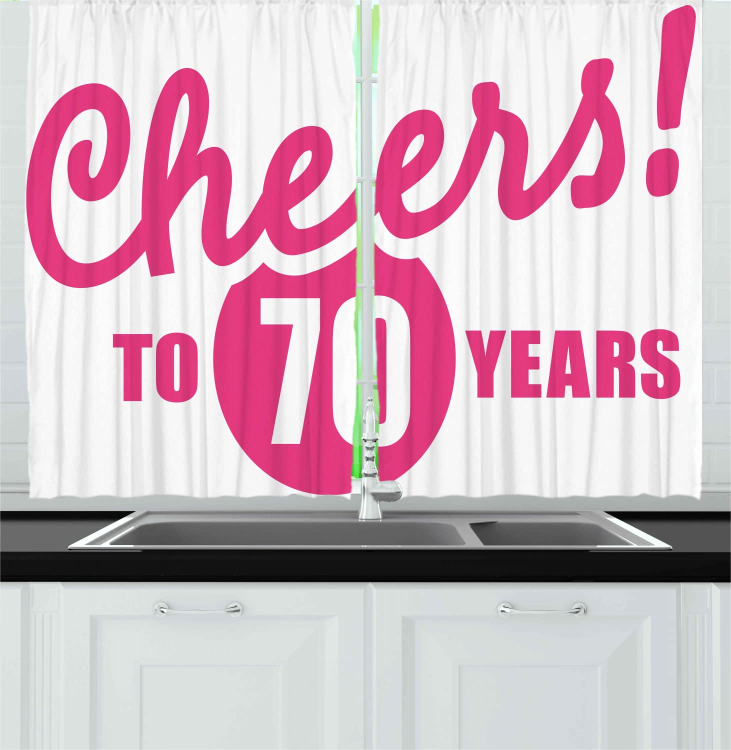Ambesonne 70th Birthday Kitchen Curtains Set of 2 - Cheers to 70 Years Calligraphy Design with Rod Pocket, 55x45 Inch Hot Pink & Black Drapes - Perfect for Birthday Party Decorations & Kitchen Window Treatments