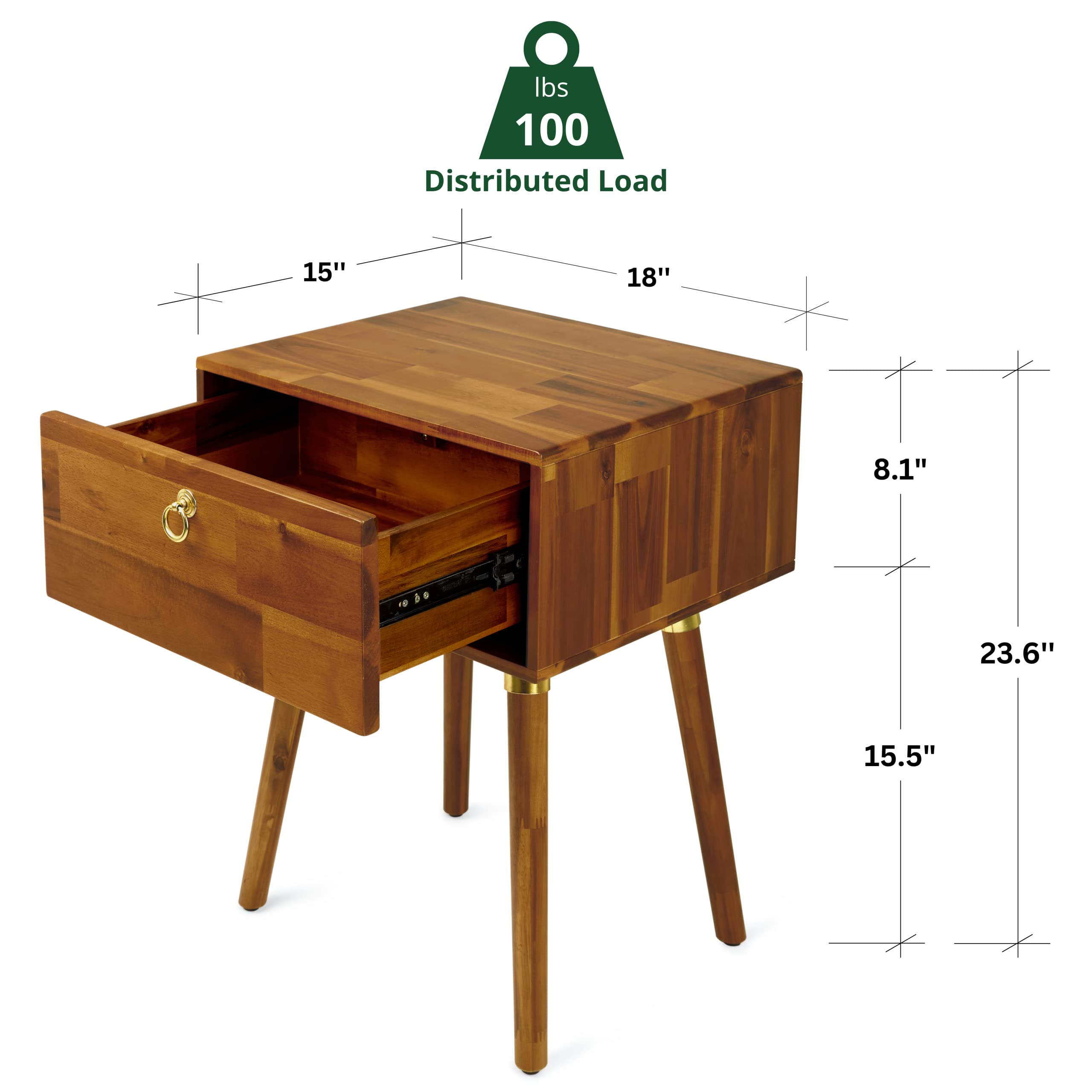 Mid Century Modern Solid Wood Nightstand with 1 Drawer - Fully Assembled End Table/Side Table for Bedroom & Living Room - 12mm Thick Caramel Finish - Perfect for Small Spaces, Guest Rooms & Apartment Decor