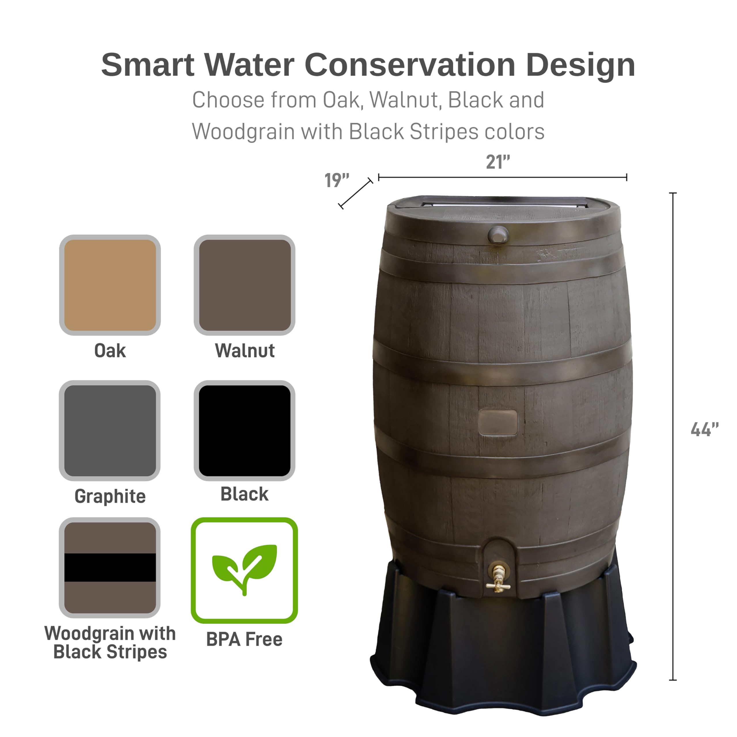 50-Gallon Flat Back Rain Barrel with Stand & Link Kit - Walnut Color (2 Pack) - Eco-Friendly Rainwater Collection for Garden, Lawn & Outdoor Use