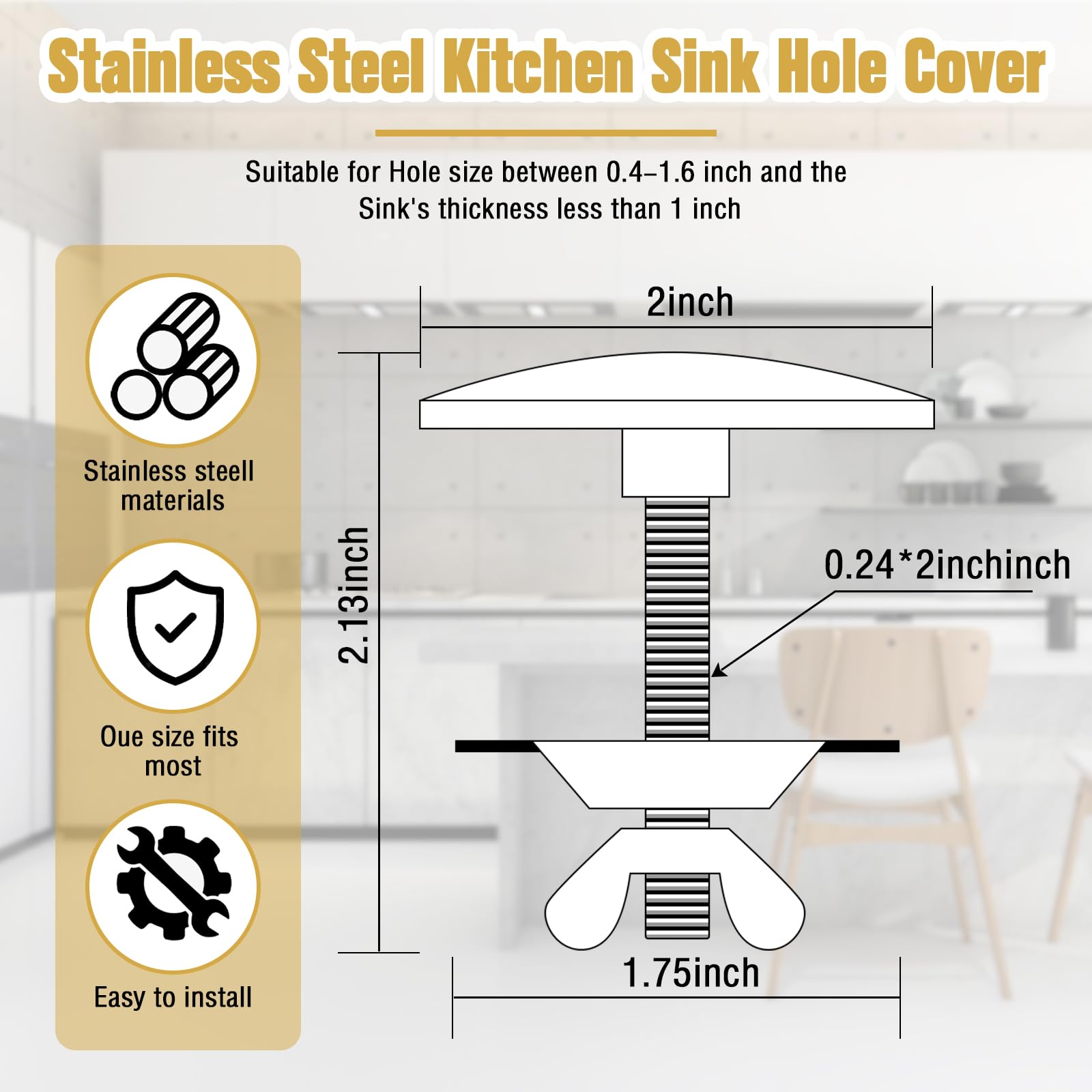 2 Inch Stainless Steel Kitchen Sink Hole Cover - Brushed Gold Faucet Hole Plate Stopper, Blanking Metal Plug for Sink Tap - Perfect for Kitchen Renovation & Bathroom Upgrades