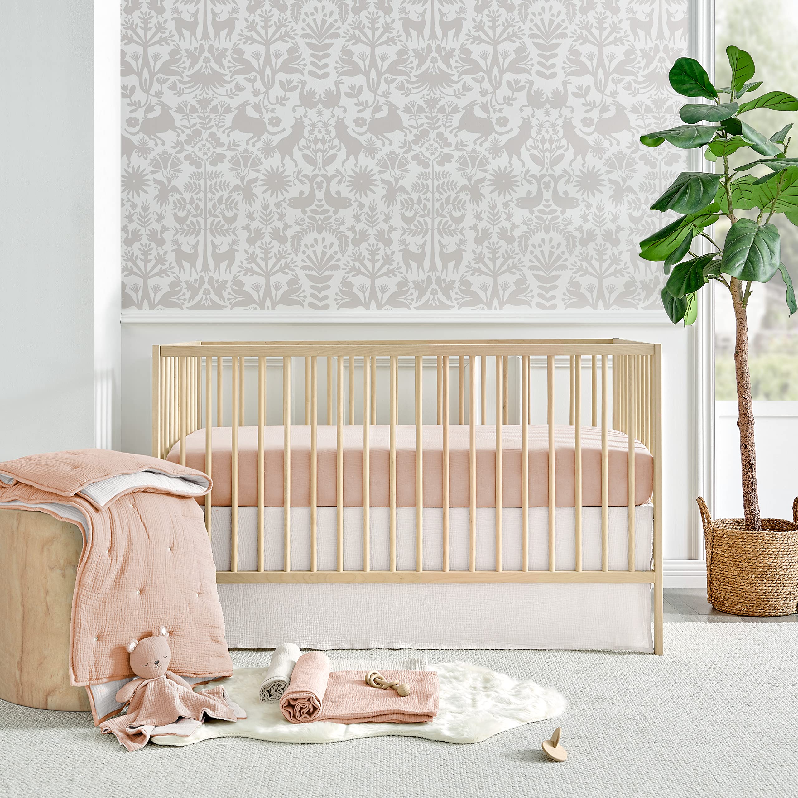 Levtex Baby Cloud Muslin Crib Bed Set - 5 Piece Nursery Set with Quilt, Fitted Sheet, Swaddles & Bear Lovey - Soft Pink and White Floral Design for Baby Girls - Perfect for Nursery Decor, Newborn Gifts & Baby Showers