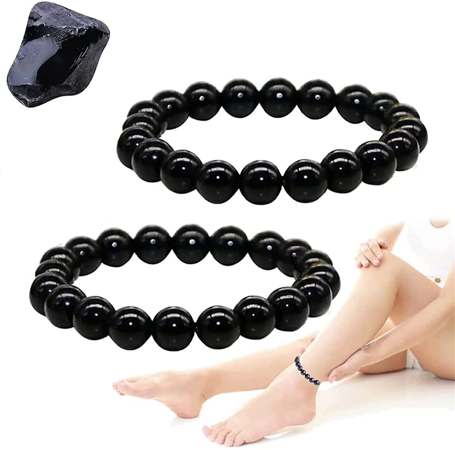 2 Pcs Black Obsidian Slimming Anklet Bracelet - Natural Stone Beaded Adjustable Weight Loss Magnet Anklet for Anti-Swelling, Anti-Anxiety & Foot Pain Relief - 8mm Beads for Women's Wellness & Relaxation at Home/Work