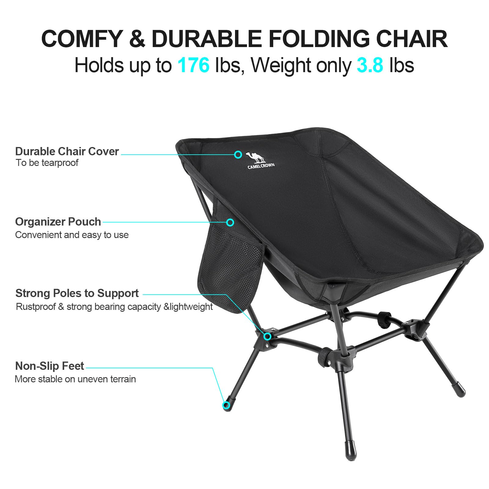 CAMEL CROWN Folding Camping Chair - Lightweight Portable with Side Pocket for Outdoor, Beach & Hiking