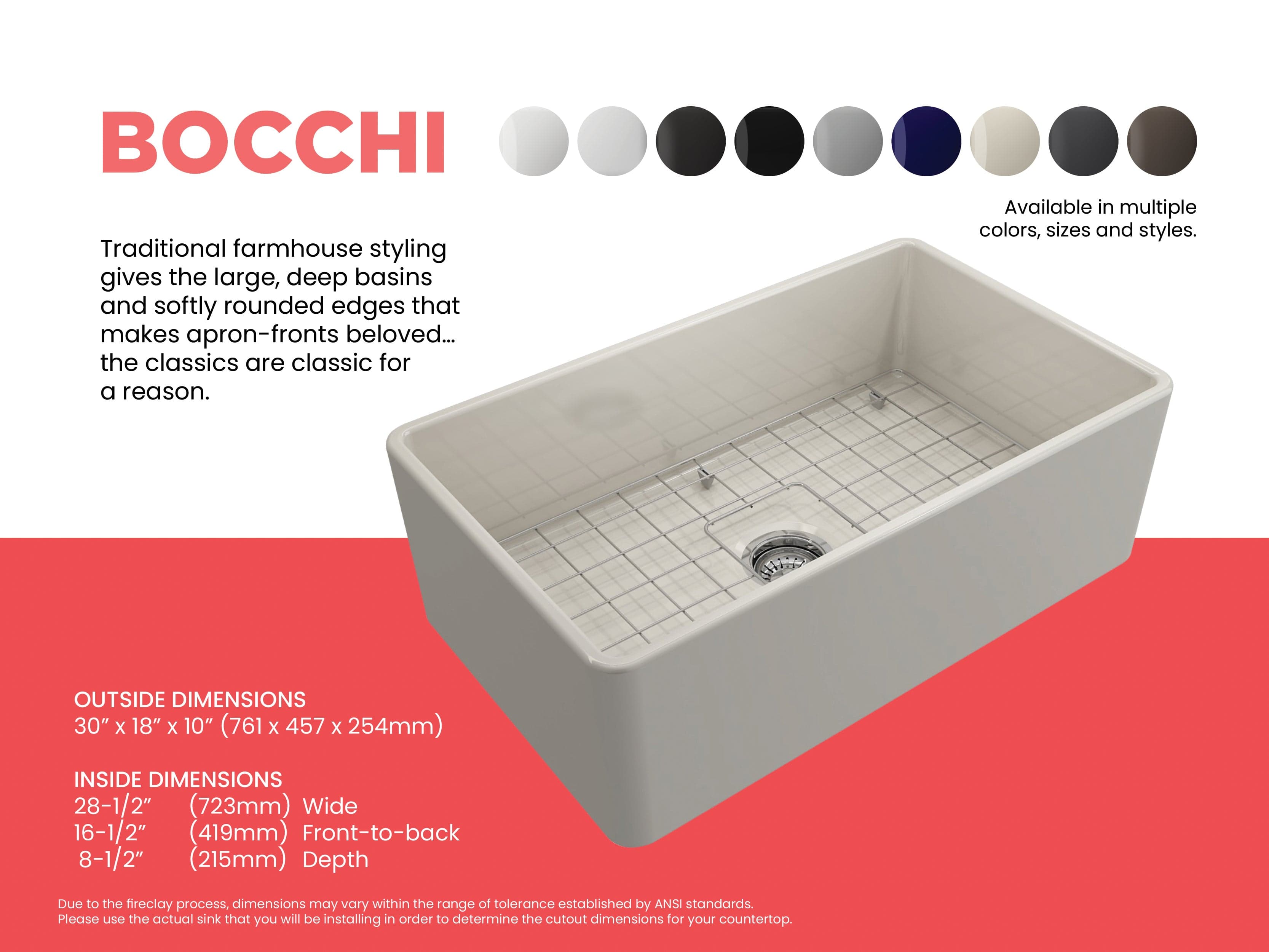 BOCCHI CLASSICO 30 Inch Fireclay Farmhouse Apron Front Single Bowl Kitchen Sink with Protective Bottom Grid & Strainer - Perfect for Rustic & Modern Kitchens, Dishwashing & Food Prep