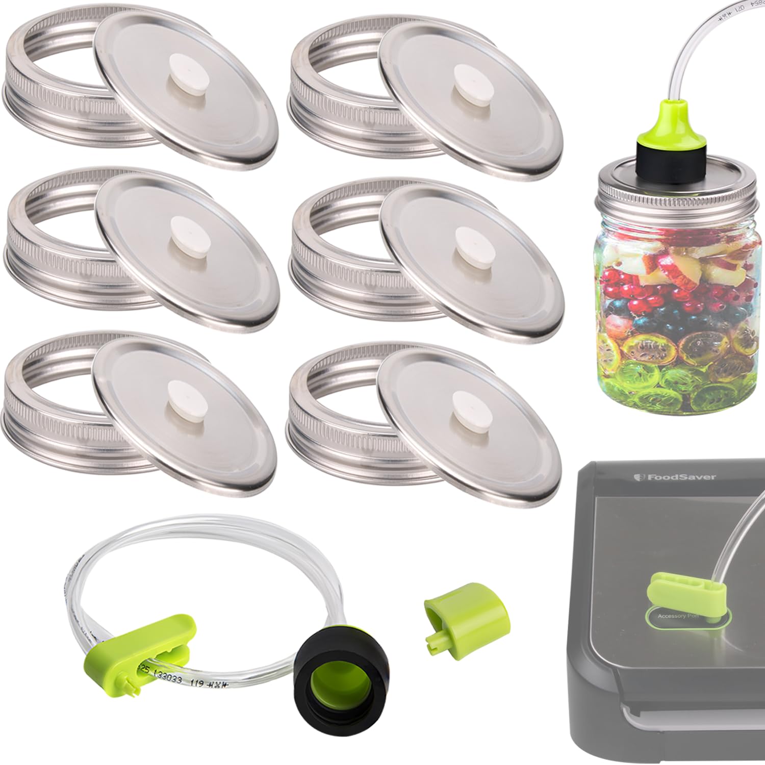 Stainless Steel Fermenting Lids 6-Pack with Accessory Hose - 86mm Vacuum Seal Caps Compatible with FoodSaver Vacuum Sealer | Perfect for Mason Jar Food Storage, Fermentation & Freshness Preservation | Ideal for Pickling, Canning & Meal Prep