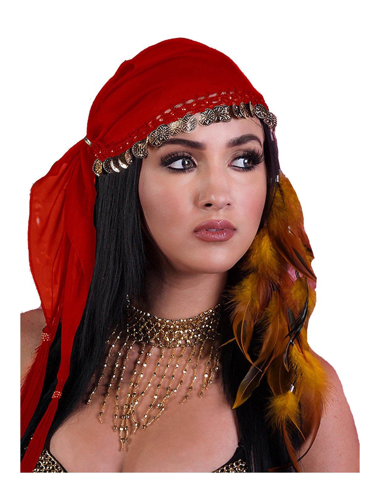 Bohemian Gypsy Head Scarf with Coins - Red & Gold - Perfect for Music Festivals, Beach Days & Boho Fashion Accessories