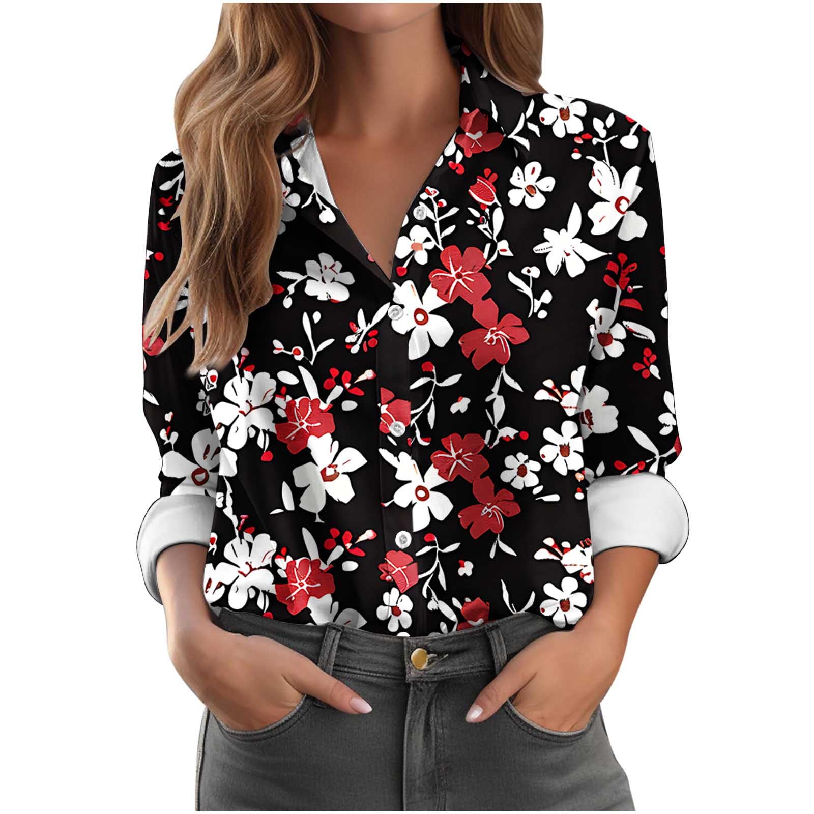Women's Long Sleeve V-Neck Button Down Blouse - Dressy Casual Office Work Shirt, Loose Fit Tunic Top for Business, Date Night & Everyday Wear