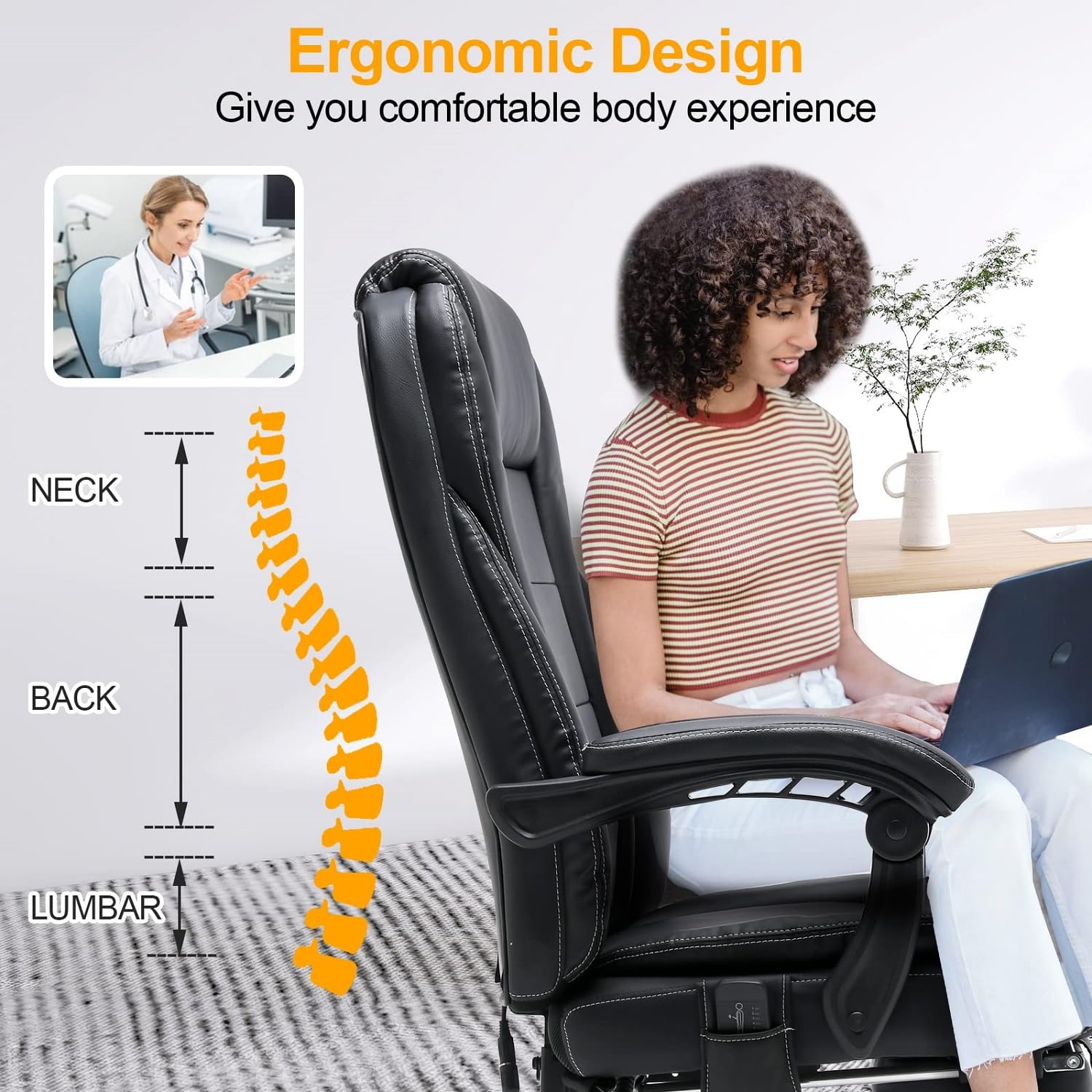 HOMREST 4-Point Massage Reclining Office Chair with Heating - Ergonomic Leather Executive Chair with Retractable Footrest - Adjustable Computer Desk Chair for Home Office, Study, Gaming & Relaxation (Black)