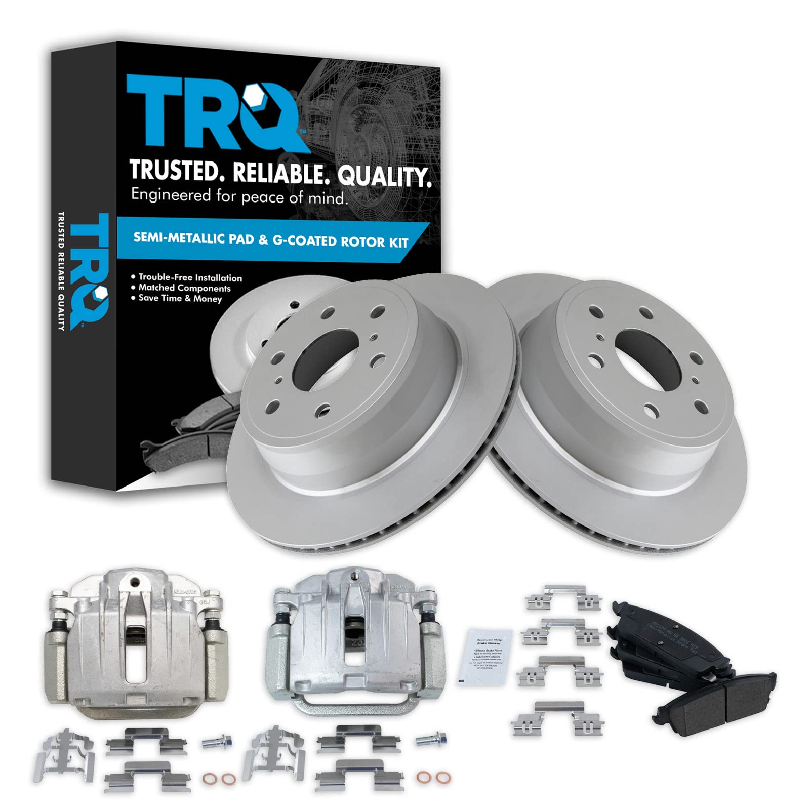 Premium TRQ Rear Brake Pad & Rotor Kit - Semi-Metallic Vented Brake Pads with G-Coating - Compatible with 2007 Chevrolet Silverado 1500 & GMC Sierra 1500 - Durable Braking Performance for Highway Driving & Heavy Loads
