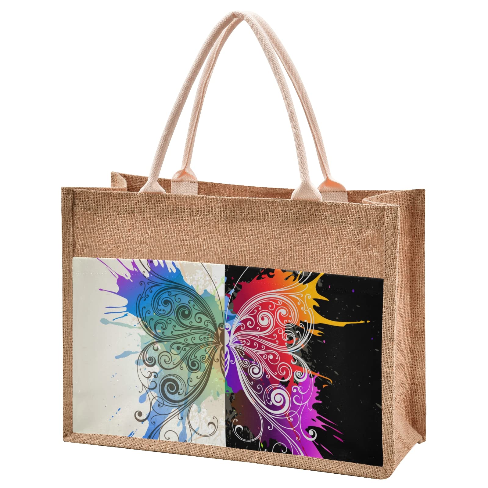 Eco-Friendly Butterfly Print Jute Tote Bag for Women - Large Capacity Reusable Grocery Shopping Bag, Beach Tote & Everyday Purse (4 Size Options) | Perfect for Farmers Market, Work Commute & Travel Accessories