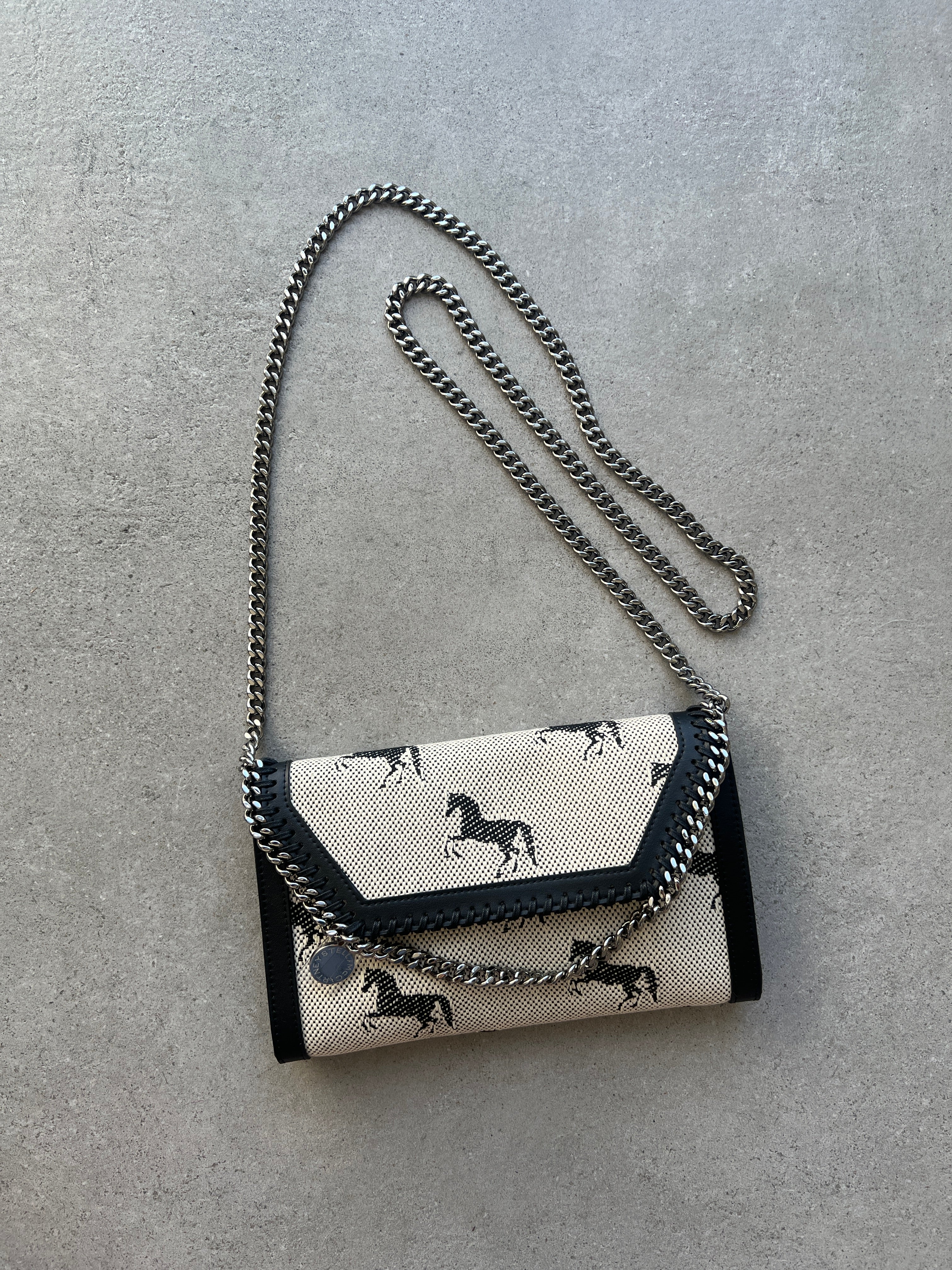 Falabella WOC Horses Jacquard Fabric Crossbody Bag - Cream & Black Elegant Design for Women | Perfect for Work, Travel, and Everyday Use