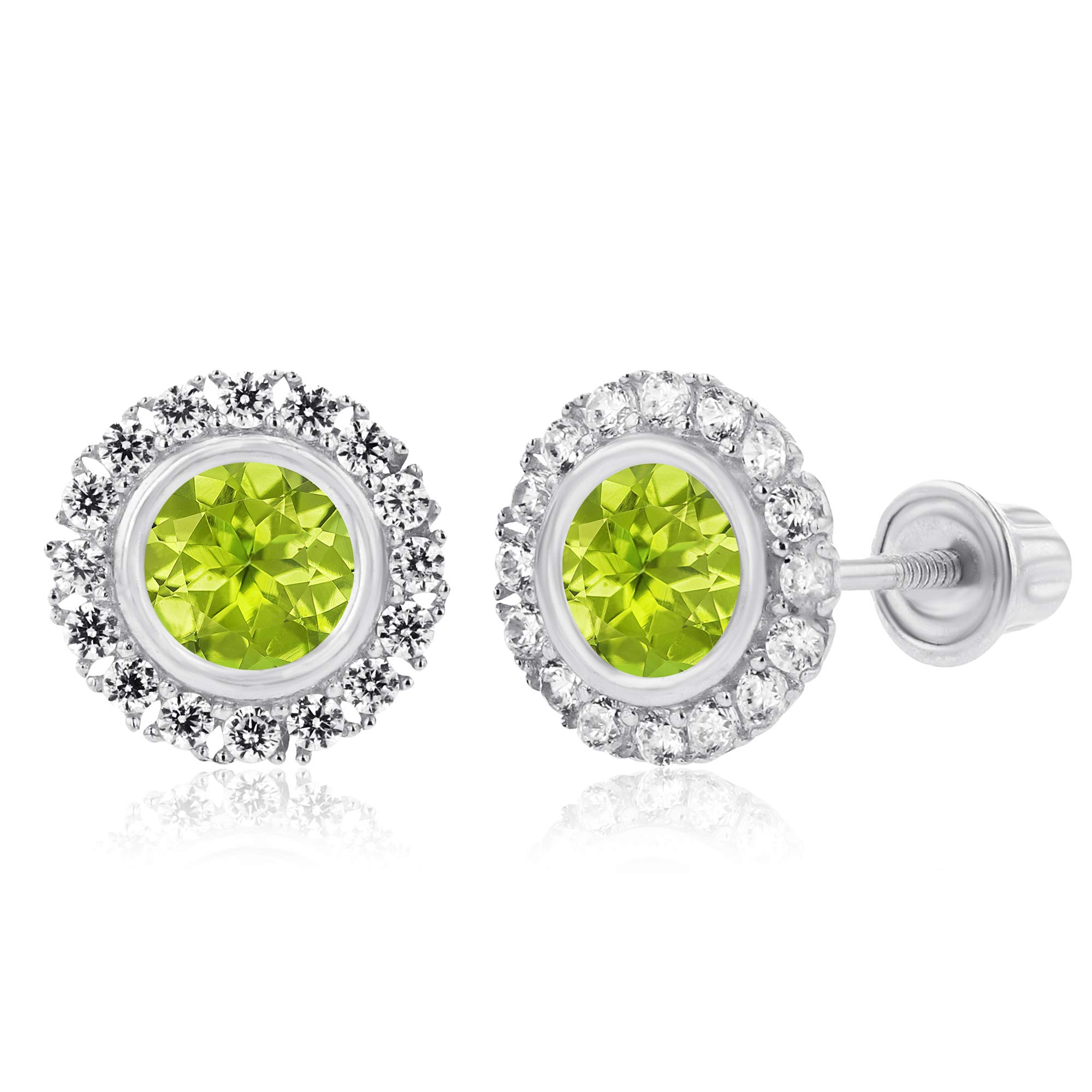 14K Solid Gold 8mm Halo Natural Birthstone Screwback Stud Earrings for Women | 4mm Bezel Birthstone | 1mm Created White Sapphire Halo Earrings | Perfect for Birthdays, Anniversaries & Everyday Elegant Wear