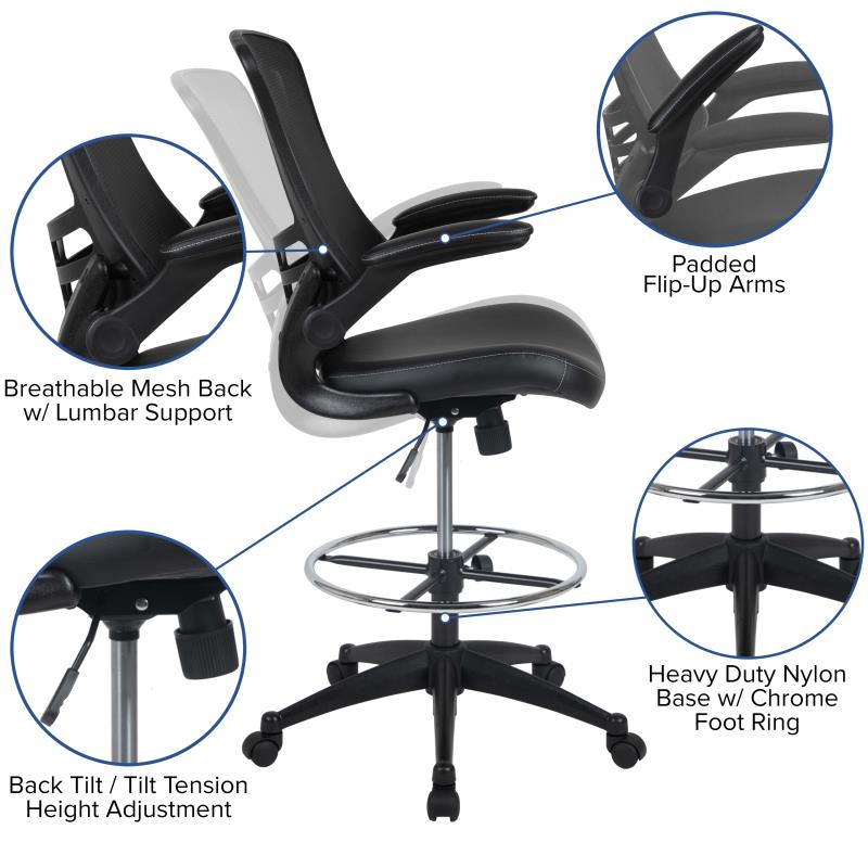 Kelista Mid Back Black Mesh Ergonomic Drafting Chair with LeatherSoft Seat - Adjustable Foot Ring & Flip-Up Arms - Perfect for Architects, Designers & Home Office Workspaces